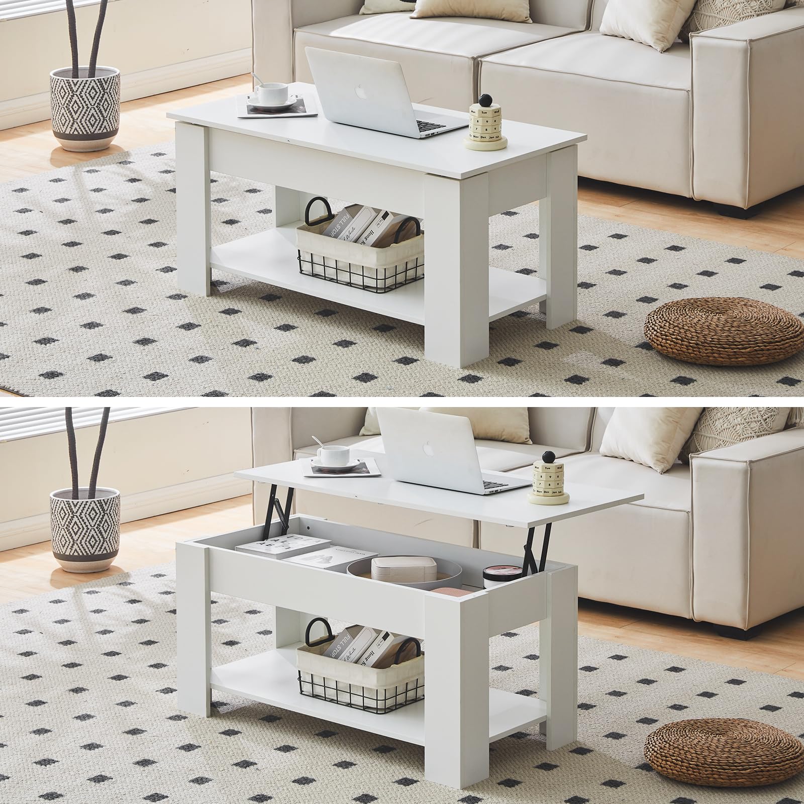 Verstelbare salontafel - 70 x 70 x 35 cm - met 1 lade verborgen planken LED's - MDF - zwart