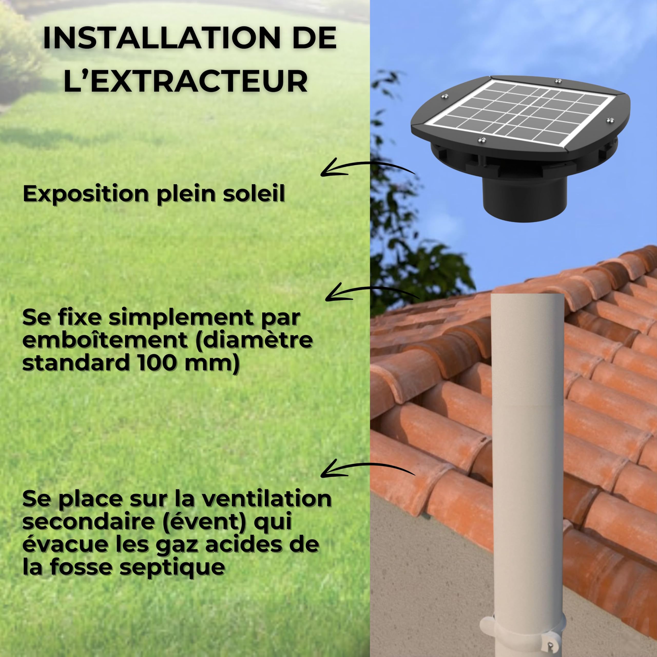Extracteur Solaire Rechargeable pour Fosse Septique, Ventilation Secondaire, Autonome 24h/24 & Silencieux - HYDRODIV