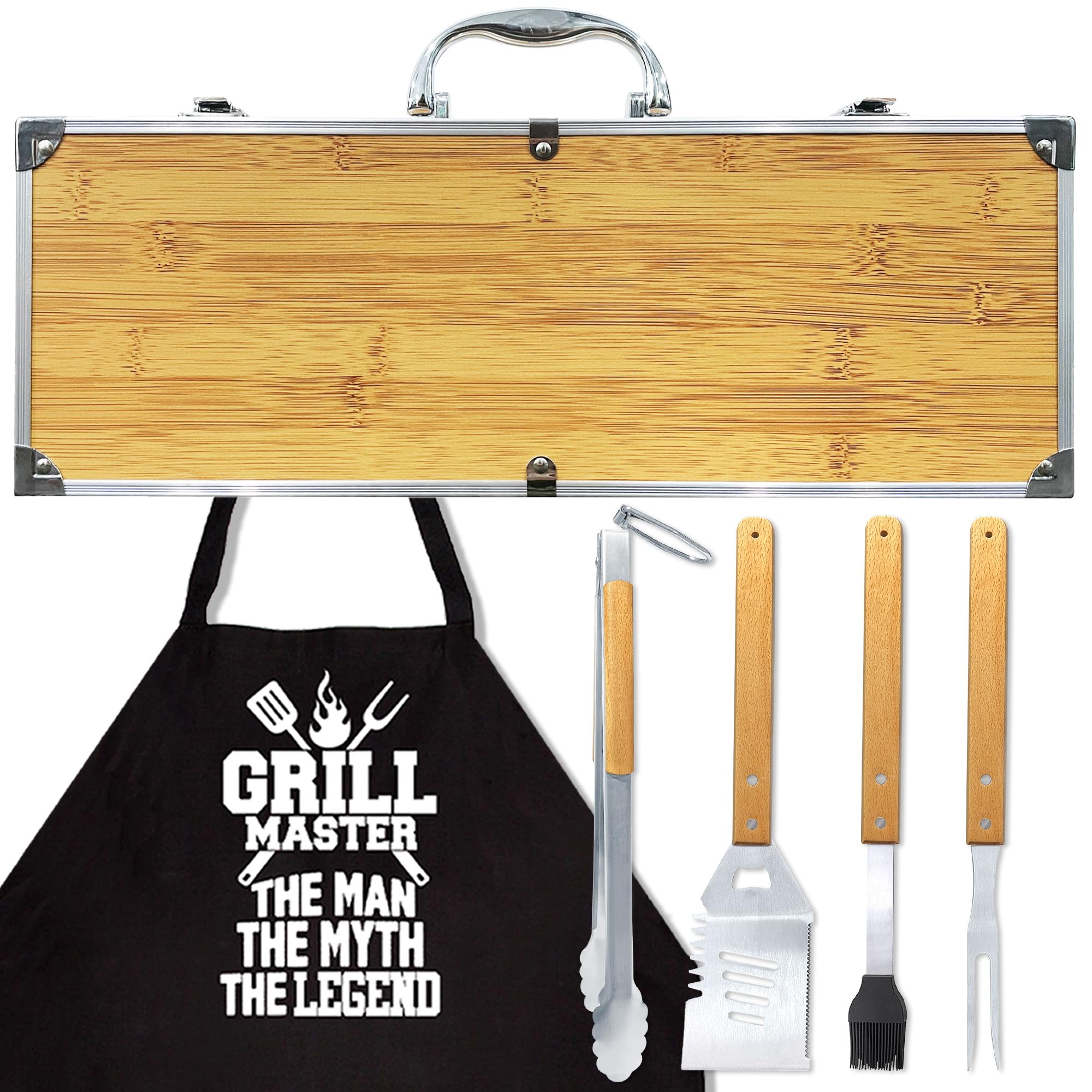 Grilling Accessories Anniversary Birthday Gifts for Dad/Husband, Heavy Duty Wooden BBQ Kit with Apron for Backyard, Thick ...