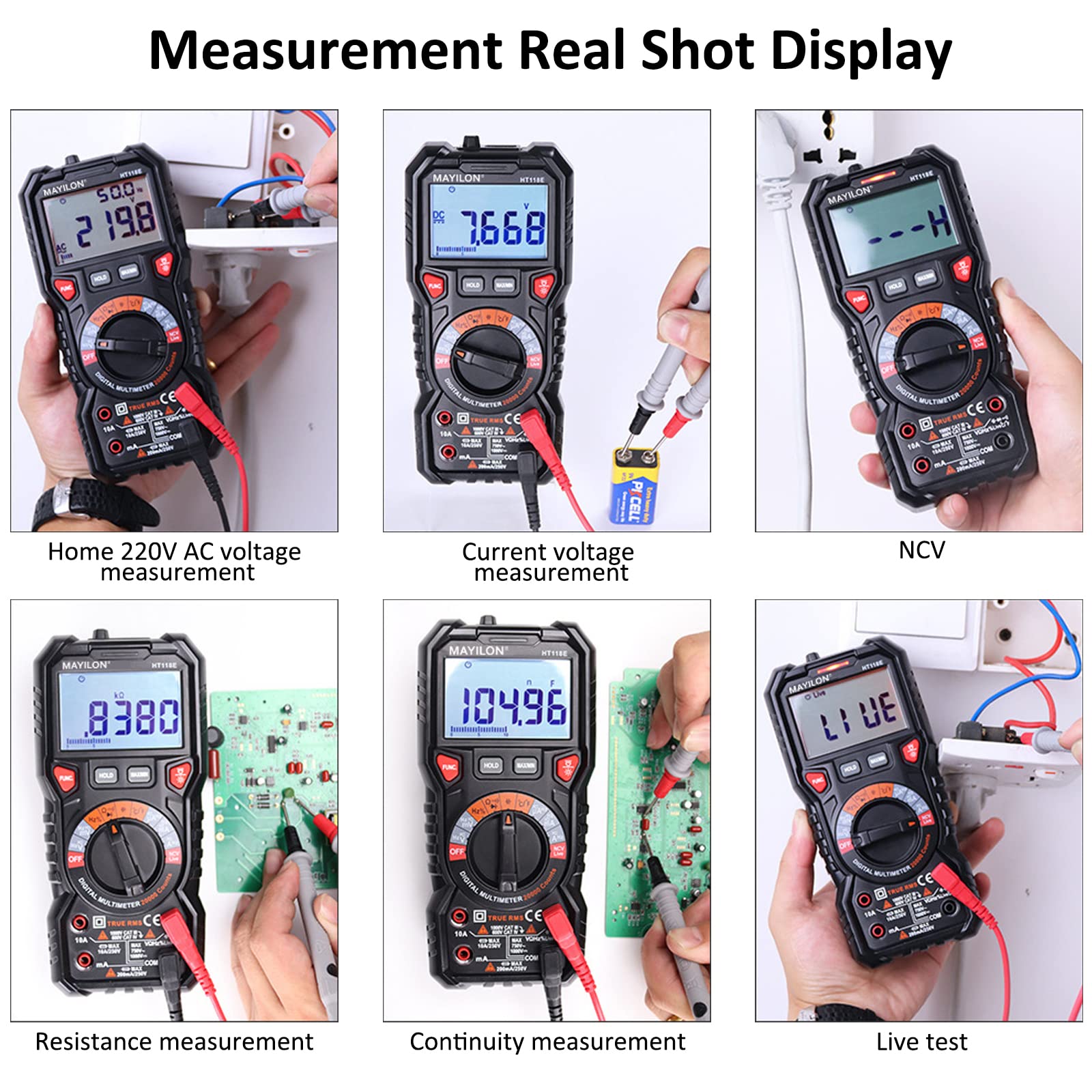 HT118E 20000 Zählt Multimeter Digital, Strommessgerät True RMS mit NCV und LIVE-Draht Erkennung, misst AC/DC Spannung und Strom, Temperatur, Kapazität, Widerstand, Dioden, Kontinuität, Frequenz