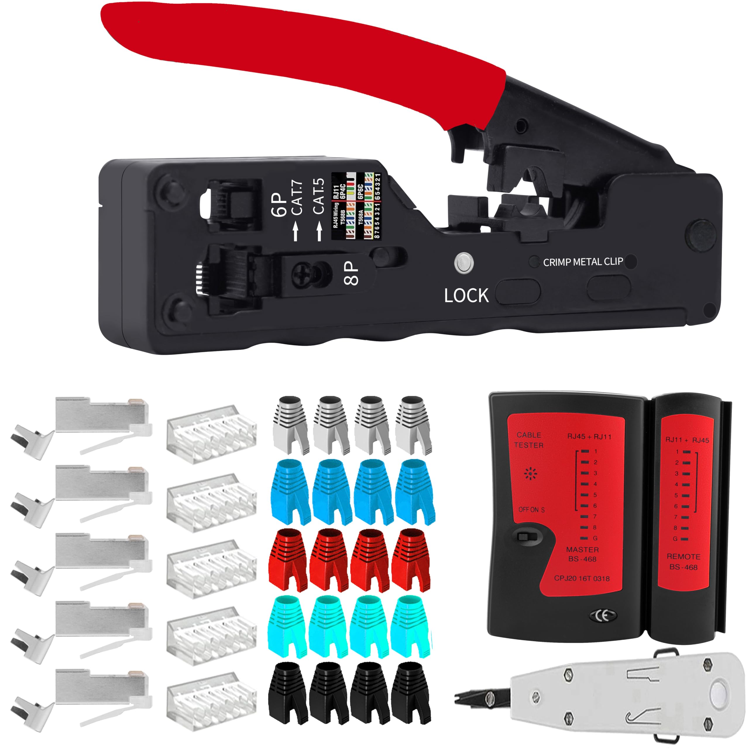 LUBEIN - Juego de herramientas de crimpado CAT5 CAT6, herramienta de reparación de mantenimiento de red, kit de crimpadora Ethernet, herramienta de crimpado RJ45, probador de cables, paquete de 50