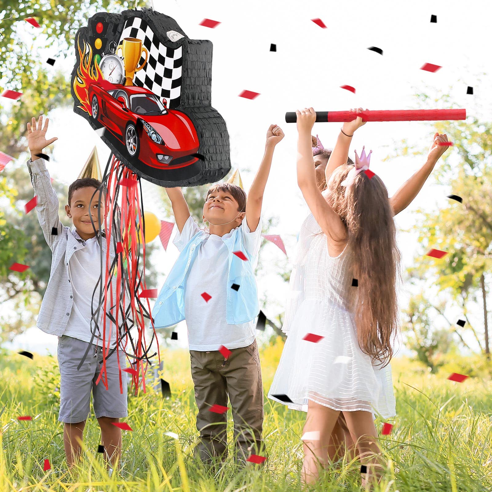 Seematn Race Car Piñata Bundle with a Blindfold, Bat and Confetti Birthday Party Supplies Small Racing Piñata for Kids Boy Construction Party Favors Decor
