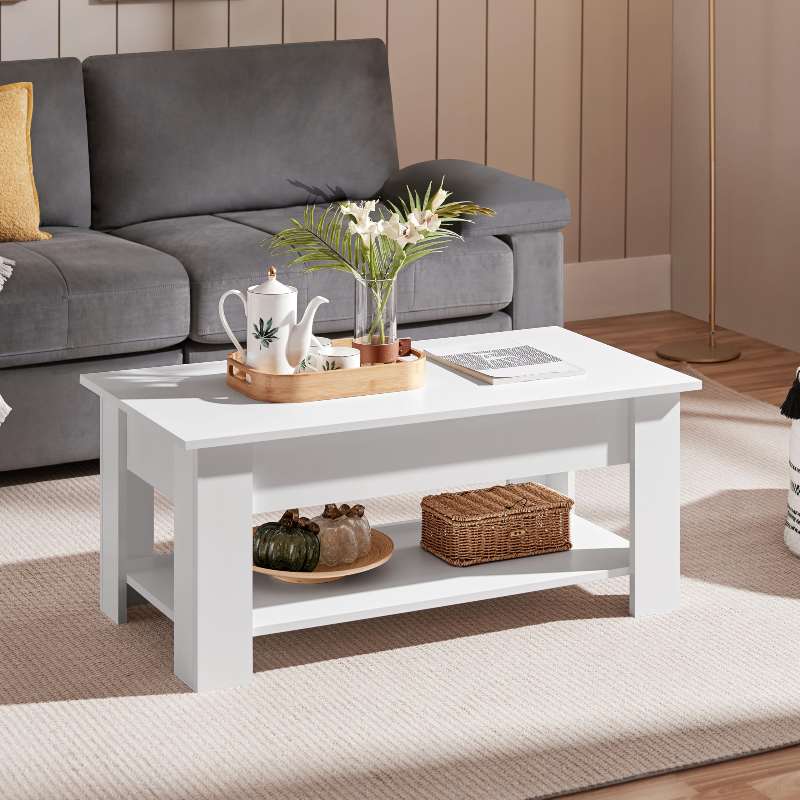 Yaheetech Tavolino da Caffè sollevabile Tavolo Moderno Elevabile da Salotto Divano Caffè con Ripiano Inferiore 98 x 50 x 42-56 cm Bianco