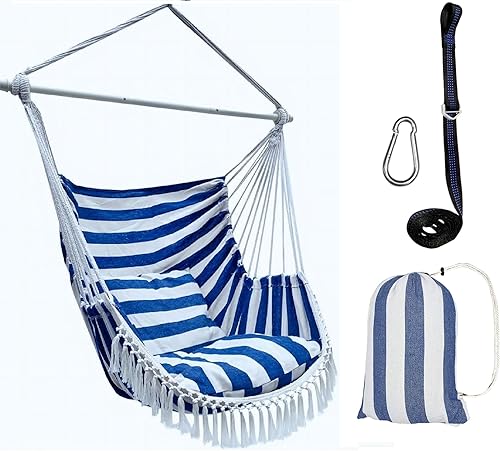 LAX Li An Xu Silla hamaca, silla columpio, silla colgante con flecos, silla de lectura acolchada, poste de metal y correa ajustable resistente, 500