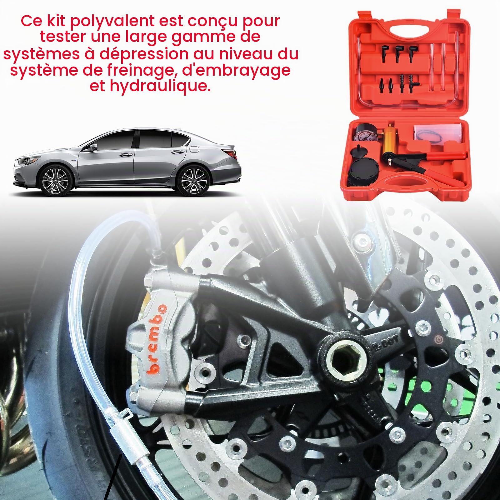 DHA Kit Pompe a Vide Purge Liquide de Frein Vidange Manuelle Moto Voiture, Outil de Testeur de Pompe à Pression et Dépression Purgeur Liquide de Frein et Embrayag avec Adaptateurs Automobile