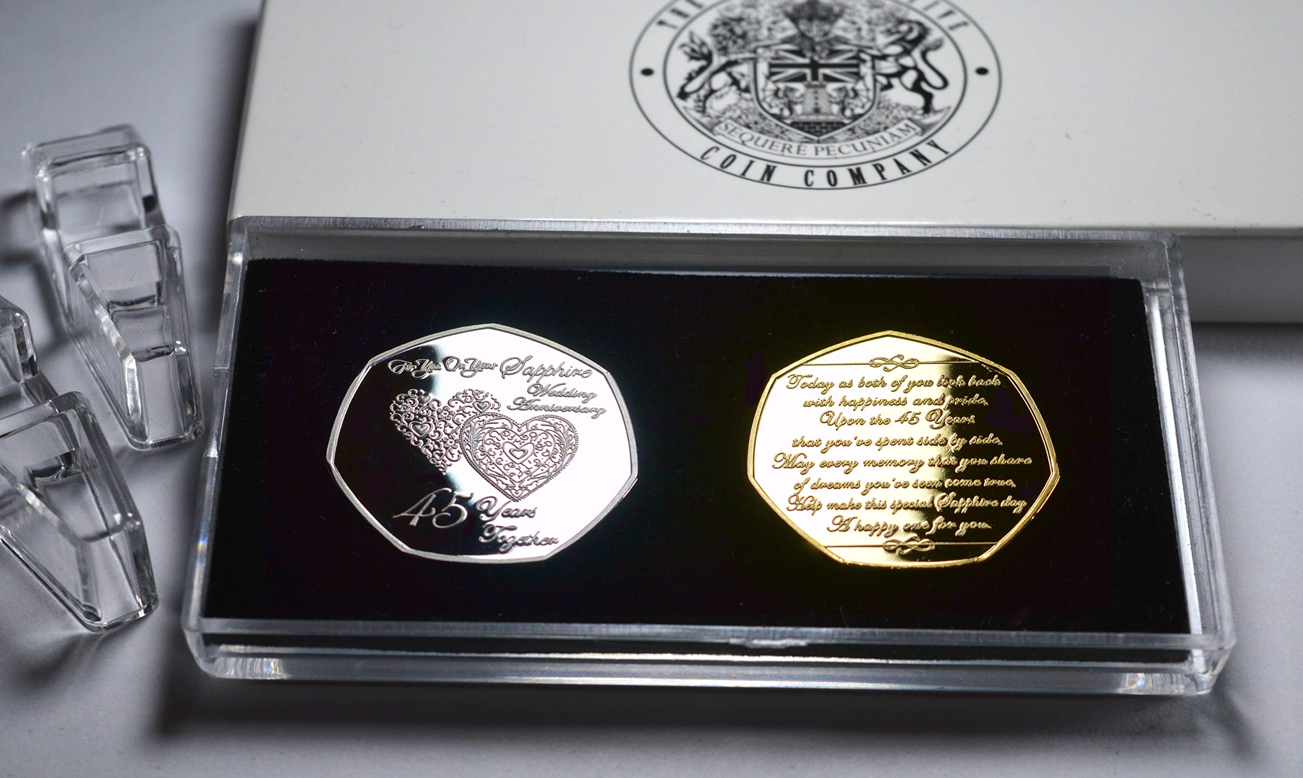 The Commemorative Coin Company Silver/Gold Pair Of 45Th Sapphire Wedding Anniversary & 24Ct Commemoratives. Display Stand & Presentation Box. 45. Gift/Present