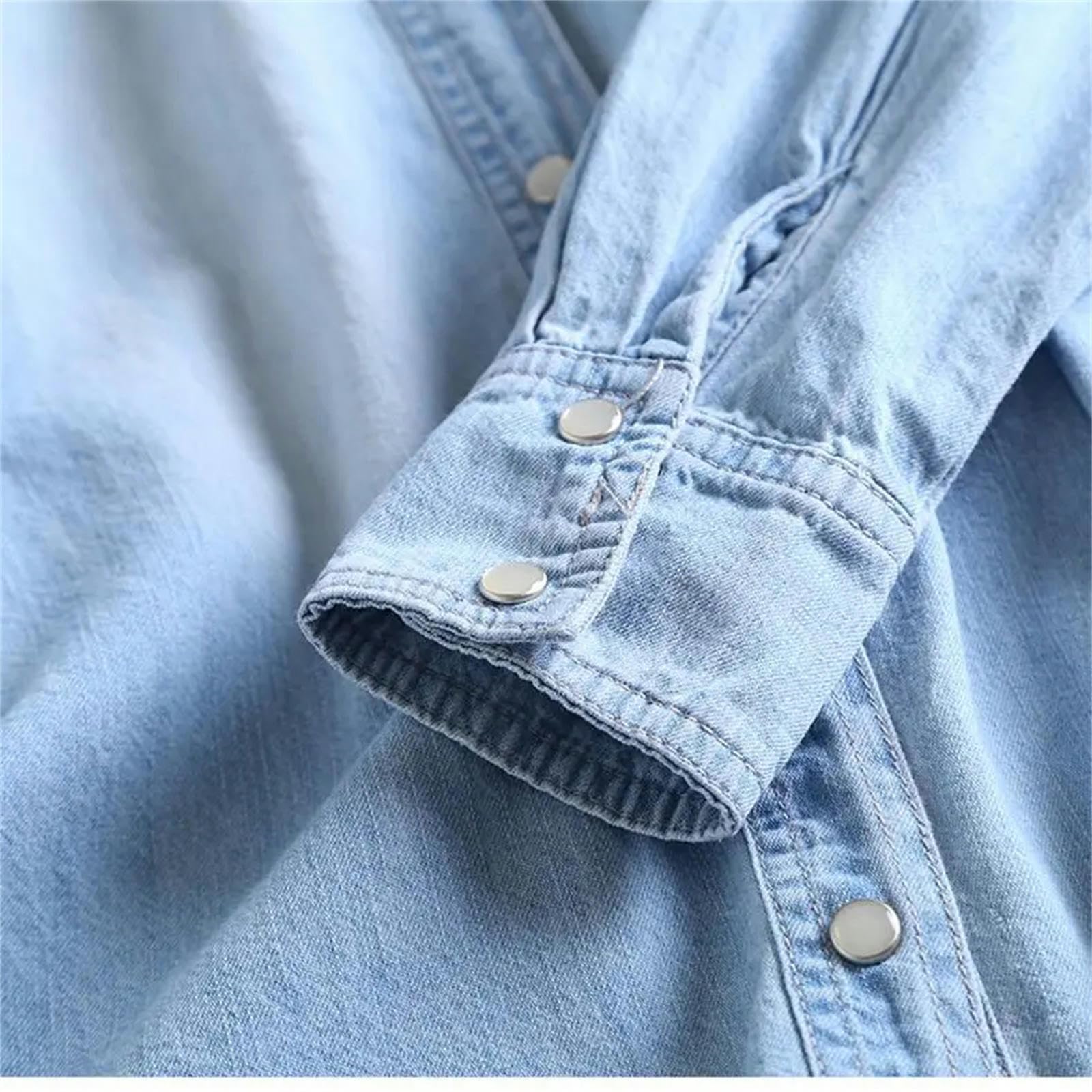 Blusa Pocket De Mujer Single-Shoxed Camisa De Vaquero De Manga Larga Suelta De Un Solo Pecho De Pecho-Azul Claro-Metro