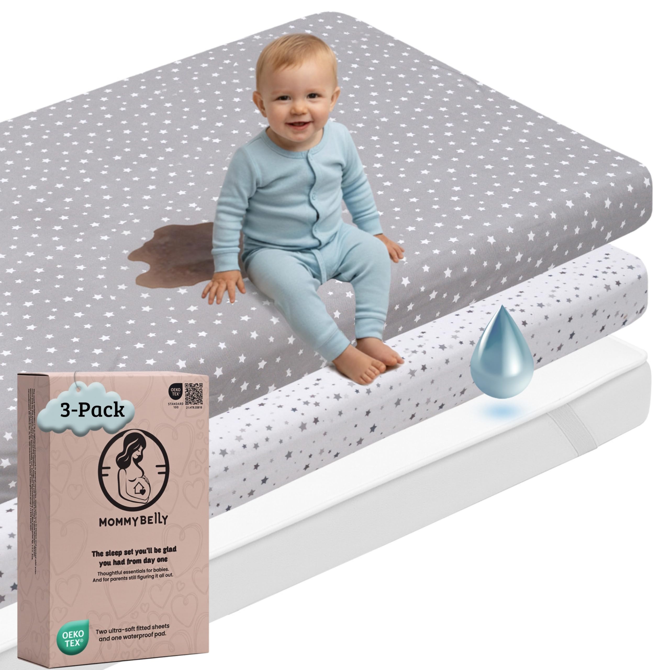 Mommybelly Spannbettlaken Kinderwagen Set, Buggy 40x80. 2 Spannbettlaken aus Baumwoll-Jersey + 1 Matratzenschoner Wasserdicht aus Frottee. OekoTex Zertifikat. Sterne-Muster 80x40
