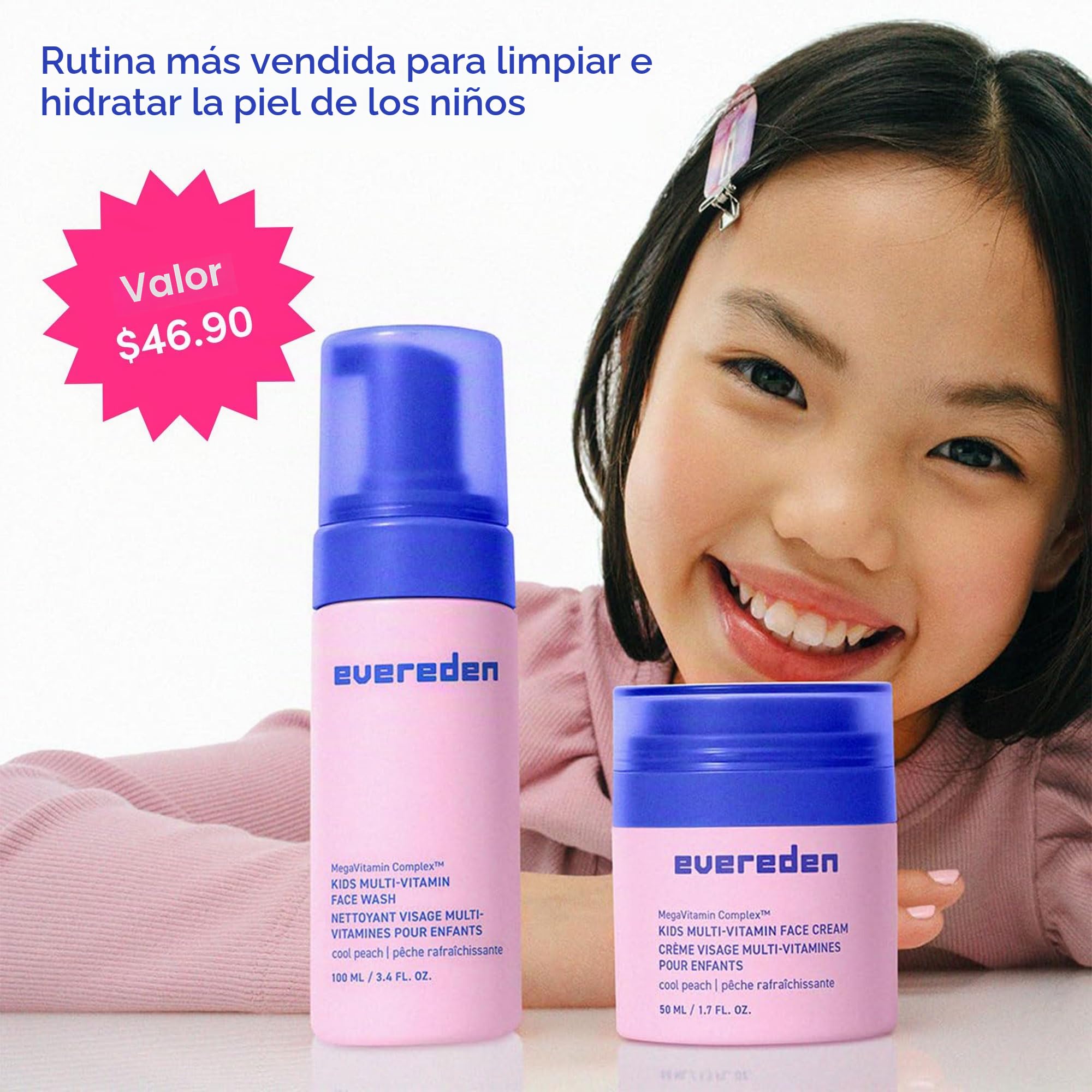 Evereden Kids Happy Face Duo (Cool Peach) - Juego de lavado facial multivitamínico para niños y crema facial para niños - Cuidado de la piel limpio y vegano para niños a partir de 3 años - Juego de