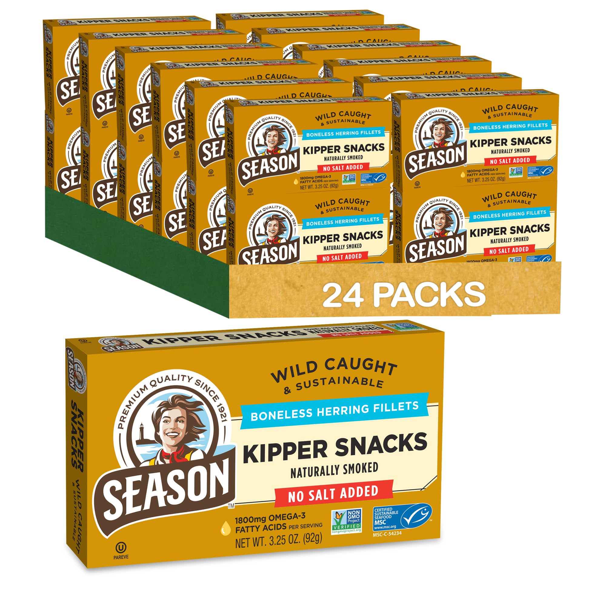 Season Kipper Snacks - Boneless Herring Fillets, No Salt Added, Naturally Smoked, Wild Caught, Keto Snacks, Certified Sustainable Seafood, Non-GMO, 18g of Protein, 1800mg of Omega-3-3.25 Oz, 24-Pack