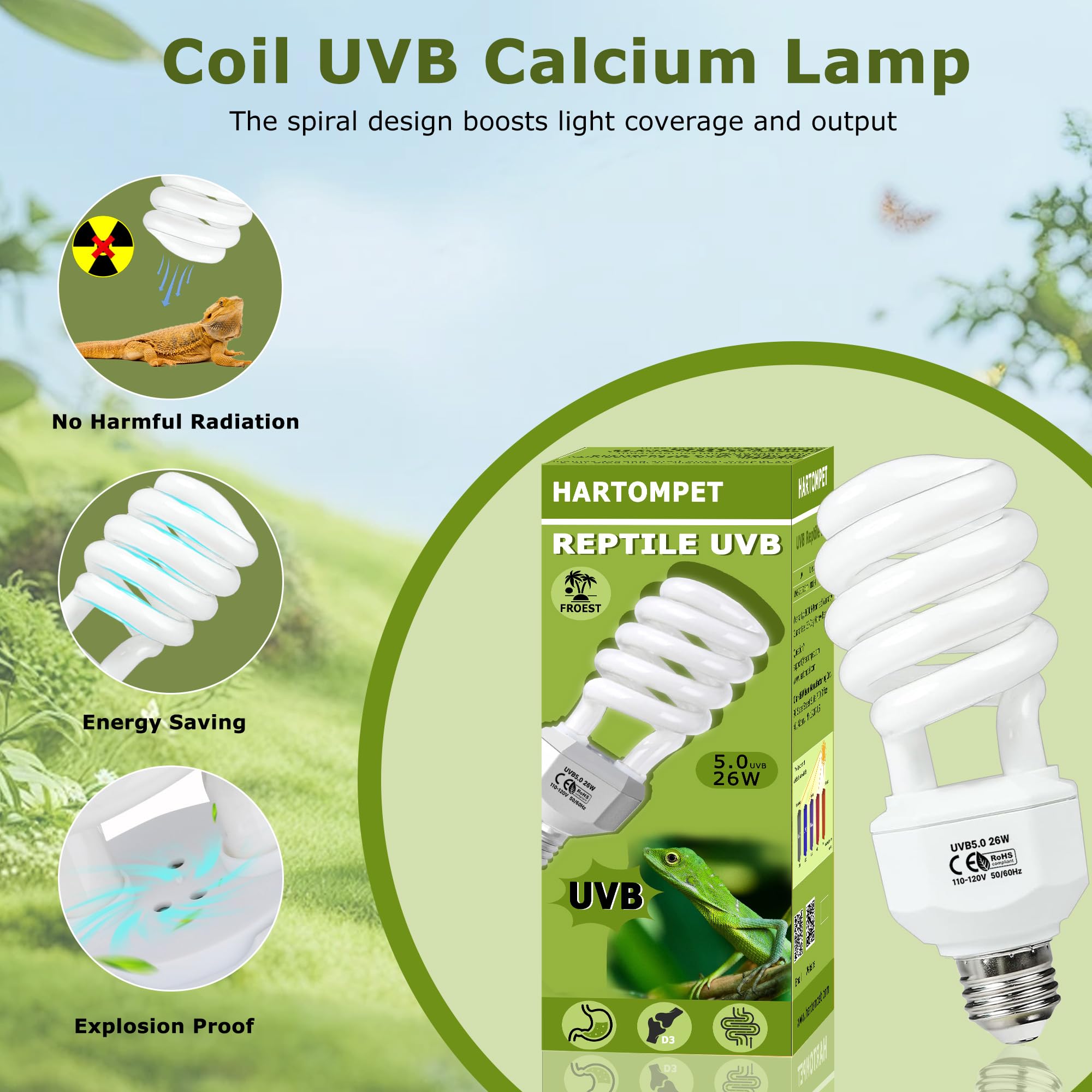 UVB 5.0 Reptile Light 26W, Compact Fluorescent Tropical Terrarium Lamp, Coil UVB Bulbs for Chameleons, Iguanas, Turtles, Rainforest Reptile Tanks, Pet Terrariums, Reptile Habitat Tank - image 3