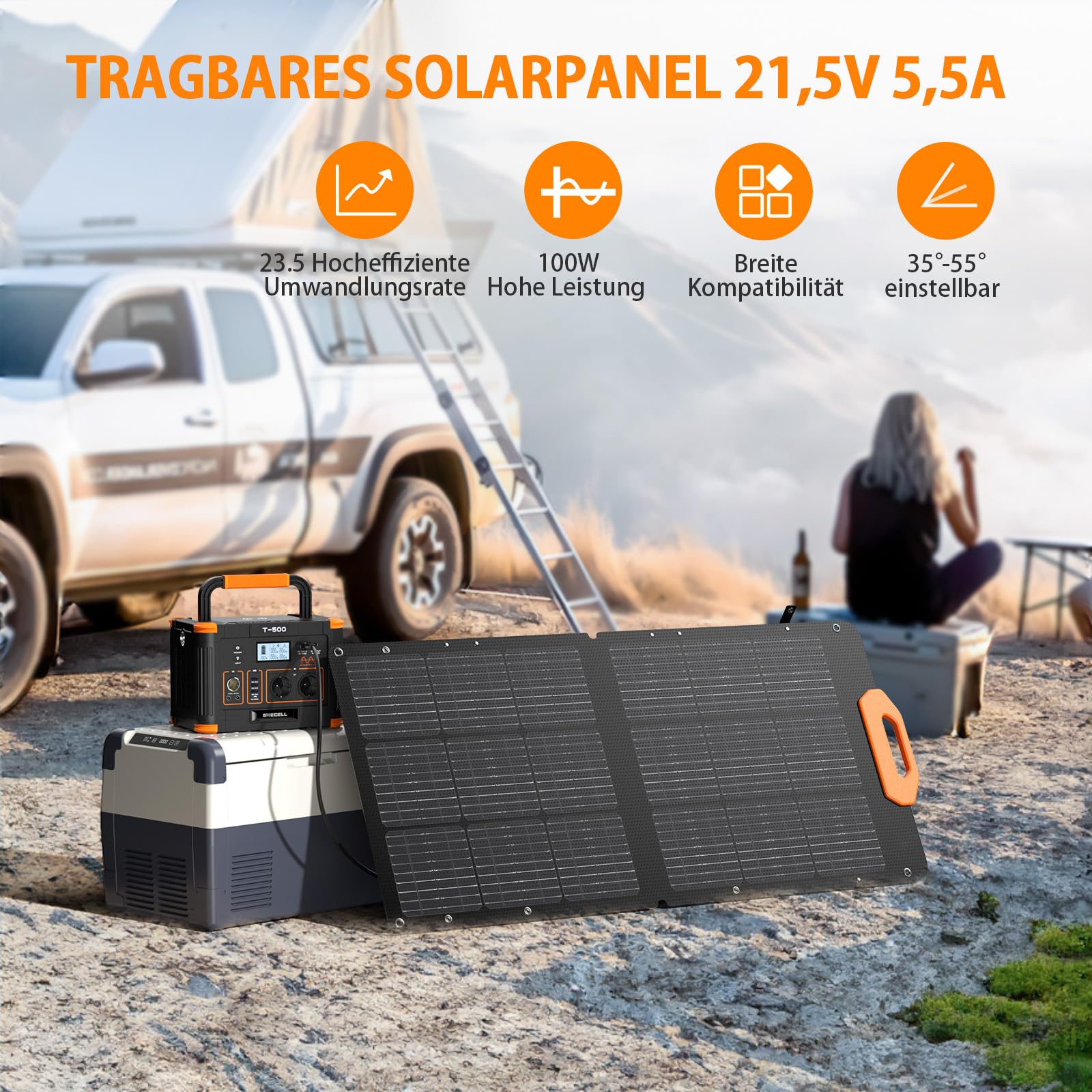 GRECELL Faltbares Solarpanel 100W Solarmodul, Adjustable Kickstand 21.5V mit Ausgang für Tragbare Powerstation Solargenerator Camping Wohnmobil Caravan Gartenhäuse Reise