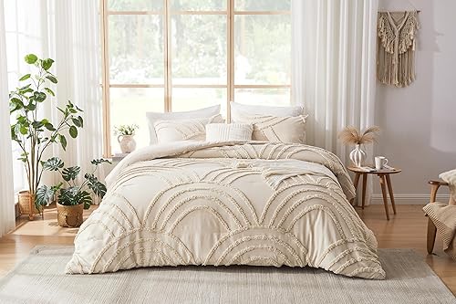 Miniatura 9 de ENJOHOS Juego de edredón tamaño California King, juego de edredón beige tamaño King, edredón bohemio de 3 piezas con arco iris copetudo para todas