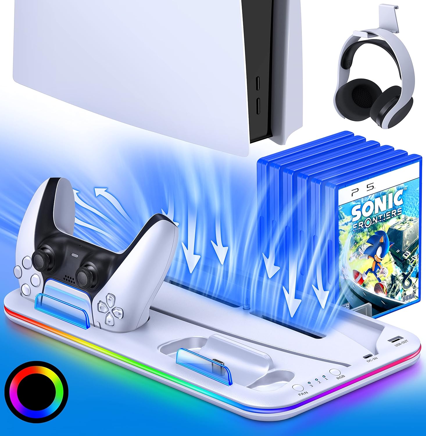 PS5 Stand with 3 Gears Cooling Fan and RGB LED, Dual Fast PS5