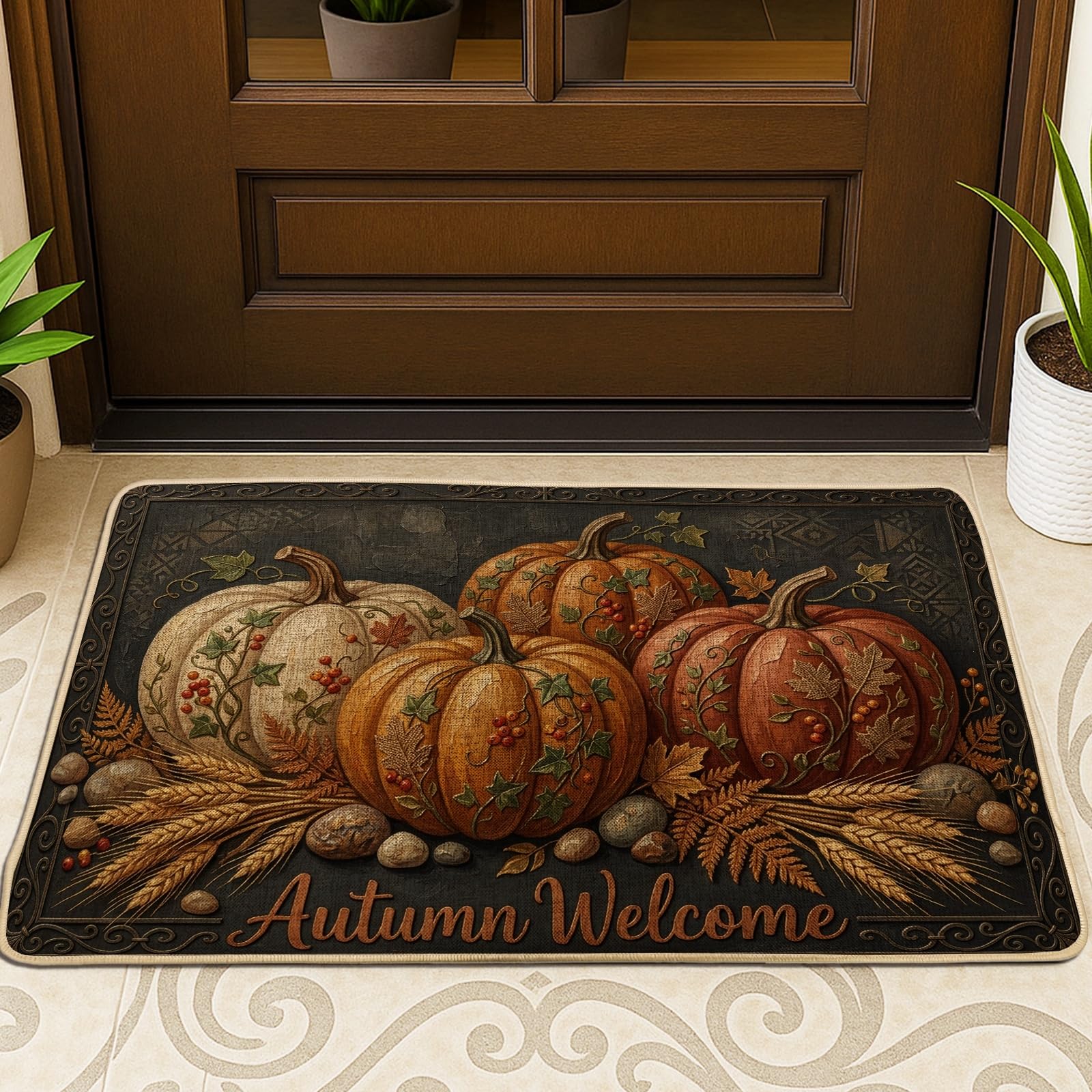 Paillasson citrouilles d'automne lavable 74x43 cm pour entrée