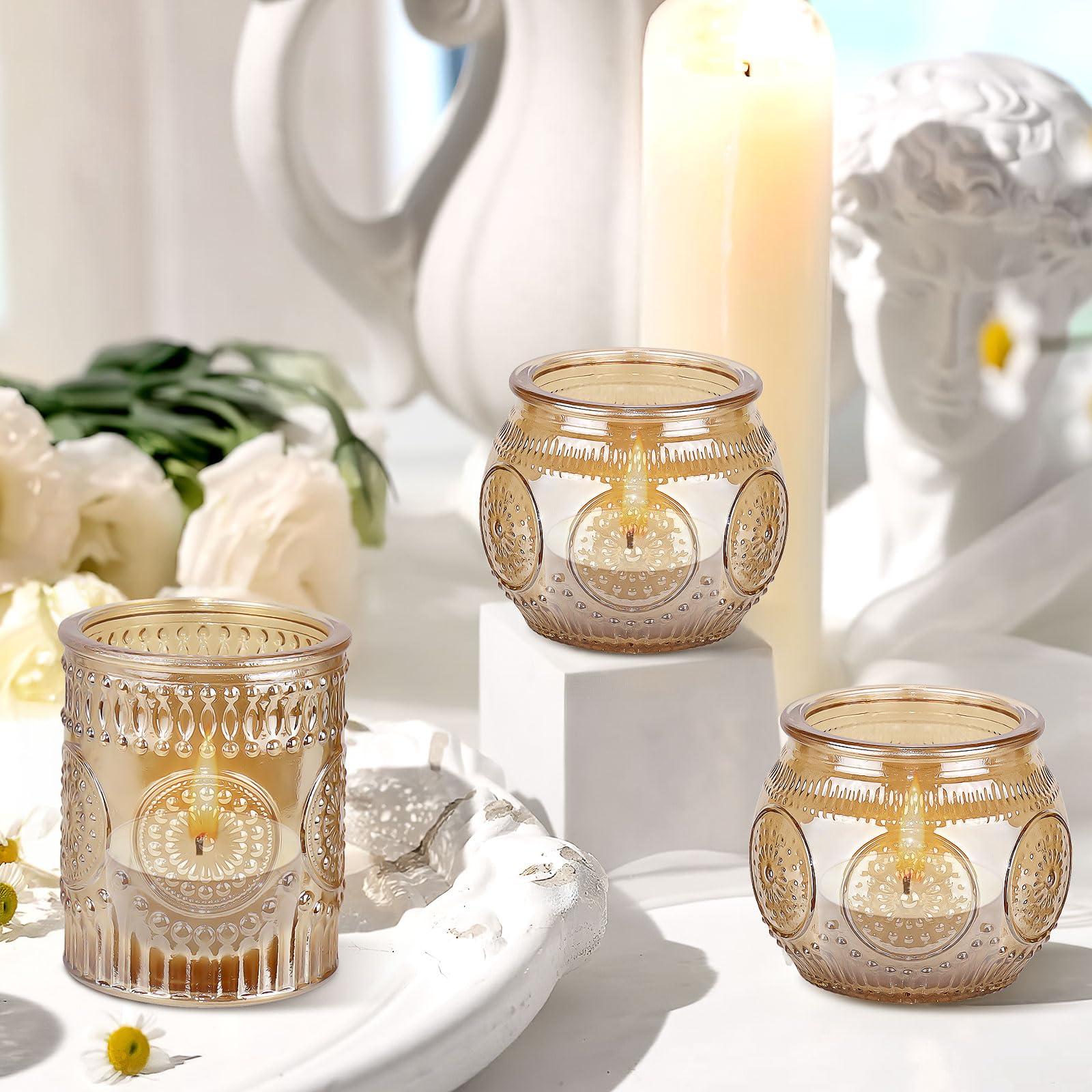 36er Teelichthalter Glas Gold, Vintage Kerzengläser für Hochzeit & Deko | Vintage Windlichter mit geprägtem Muster sorgen für warmes Licht bei Jubiläen, Geburtstagen, Feiern und festlichen Anlässen