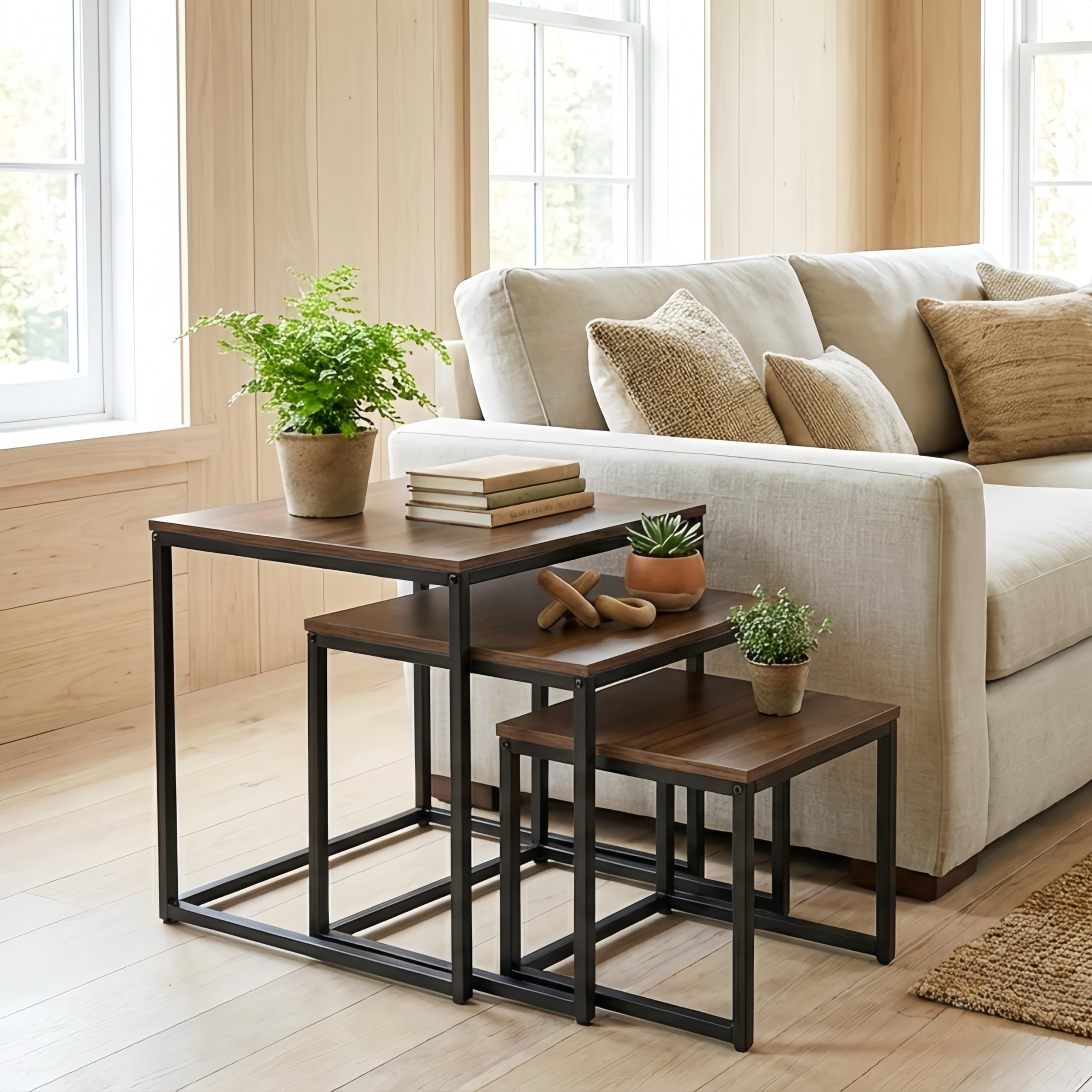 Alivio Industrial Nesting Coffee Tables with Sturdy Metal Base & Wood Finish Tops – Compact Space-Saving Center Table (Set of 3 Pc, Brown)