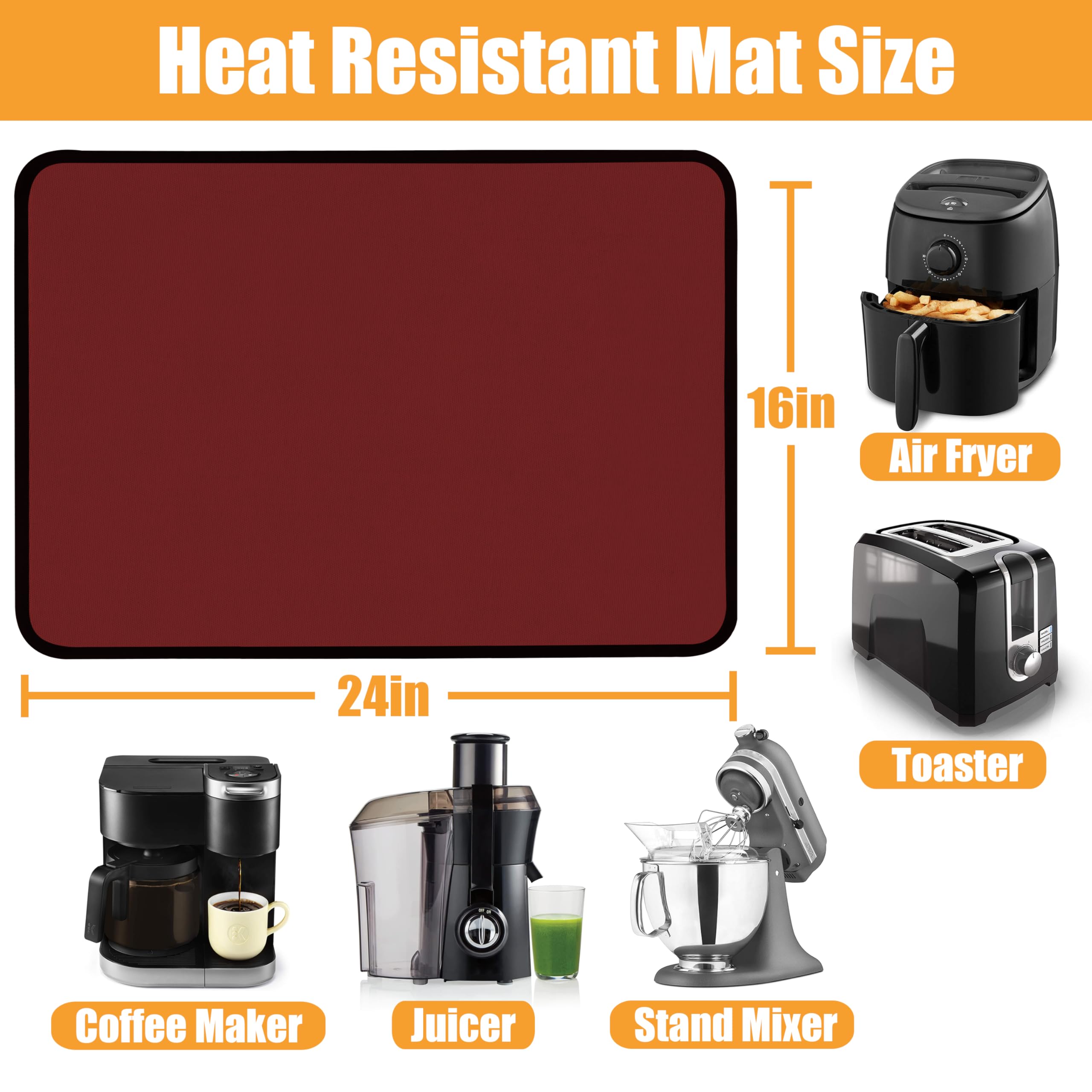 TOHONFOO Hitzebeständige Matten für Arbeitsplatte und Luftfritteuse, 61 x 40,6 cm, Rot | Feuerfeste Matte, heiße Pads für Küchentheke, wasserdicht, öldicht und leicht zu reinigen, kompatibel mit Ninja/Cosori