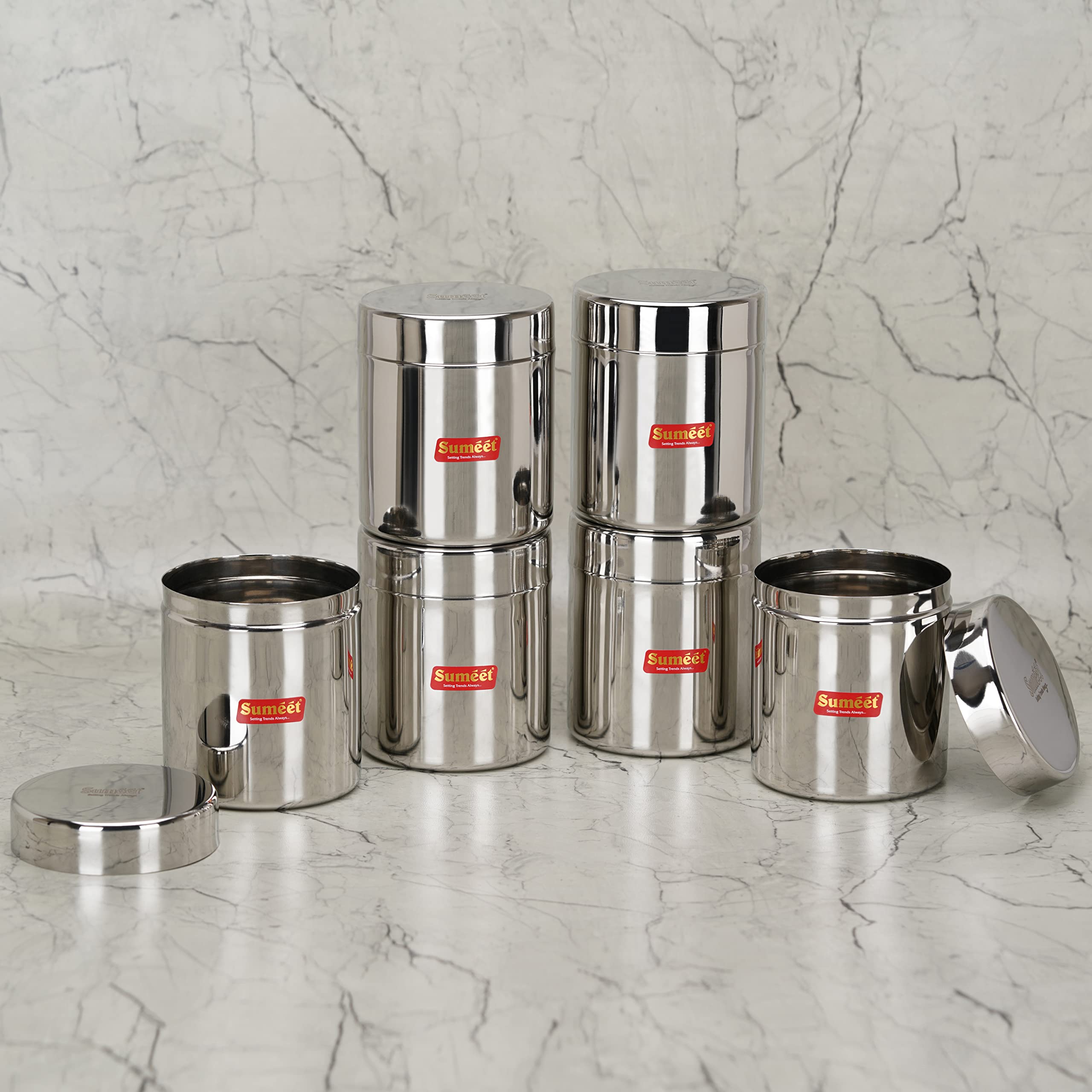 Sumeet Kleine Edelstahldosen/Gläser/Ubha Dabba/Vorratsdosen-Set mit 6 Stück, je 350 ml Fassungsvermögen, 7,5 cm Durchmesser, Silber