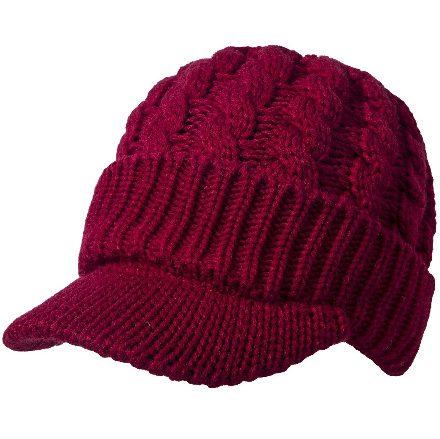 KUYOU Unisex Knitted Beanie Cap Winter Cap Hat with Peak, wine red, One Size