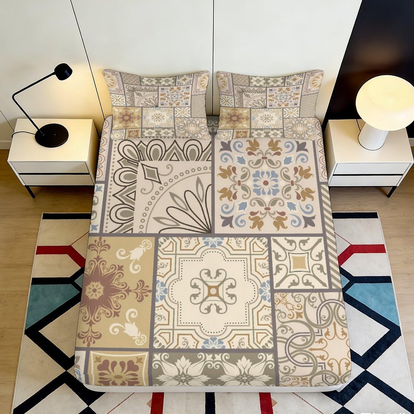 Jqzkxnhpbr Style-3 3D Printed Geometric Mosaic Fitted Sheet Microfiber Soft Non-Slip Boho Tile Bed Cover For Bedroom Guest Room Decor 90X200x25cm