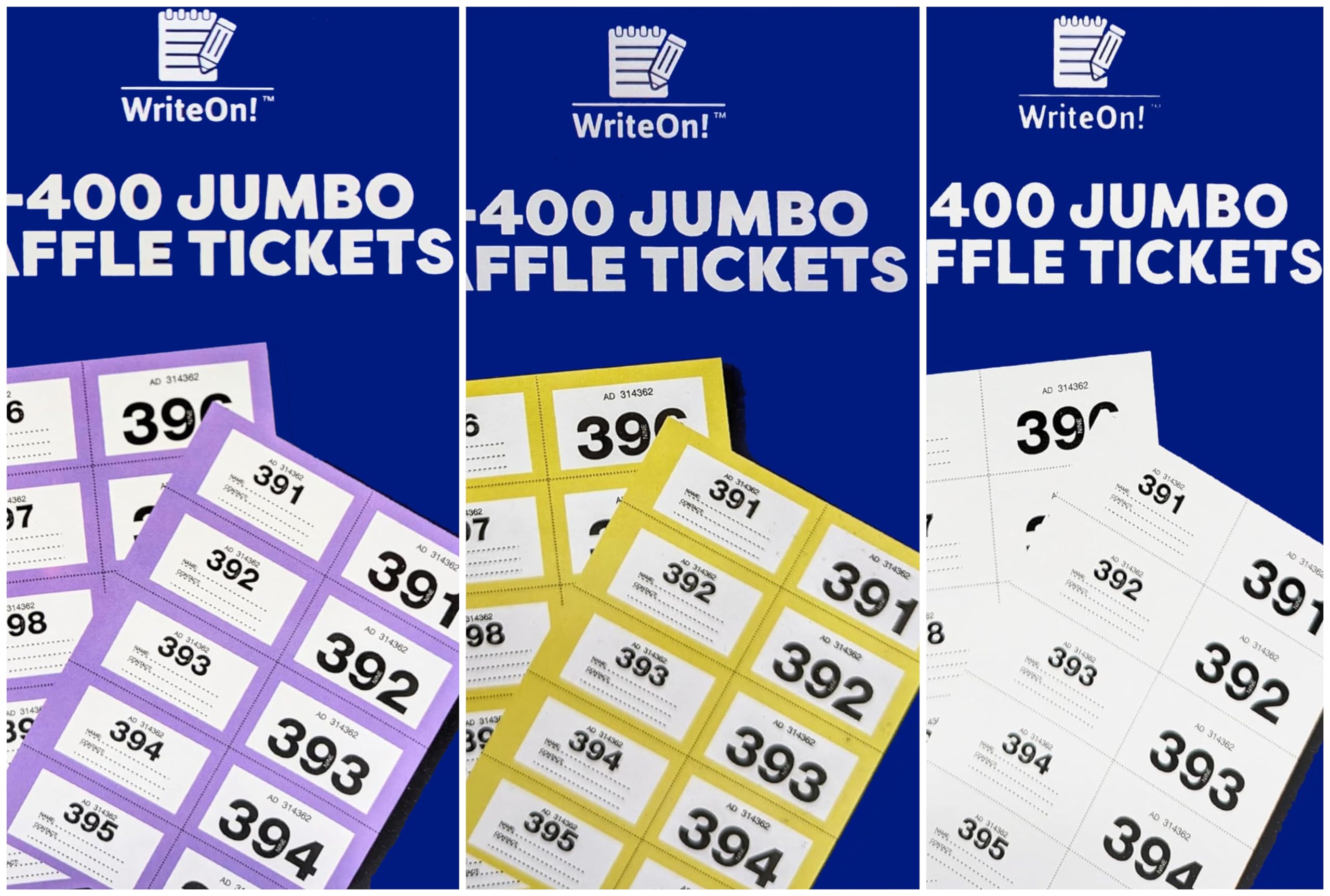 YLAB Raffle Tickets - Jumbo Extra Large - 1-400 Cloakroom Tickets - 3 Books: Purple, Yellow & White โ image 1