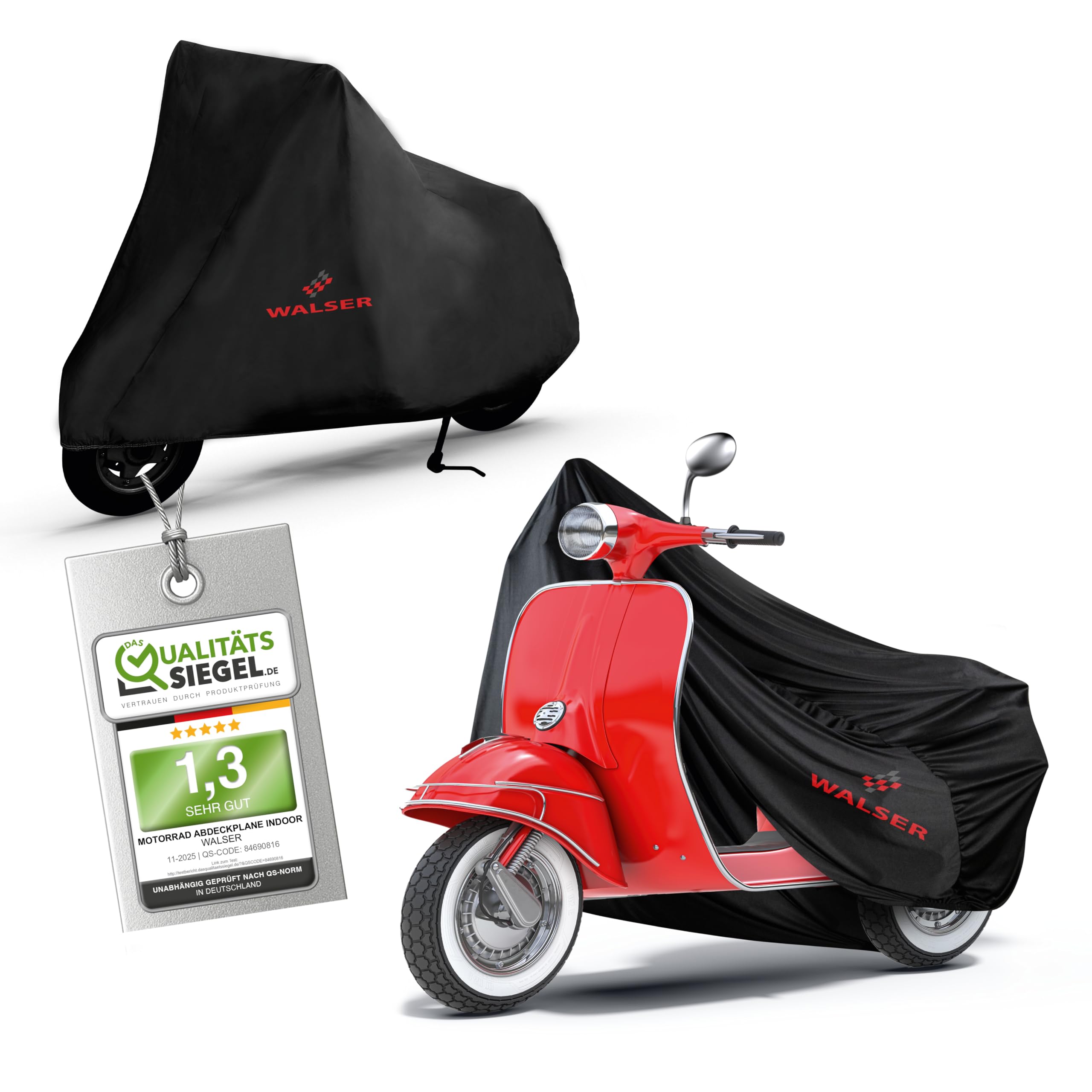 WALSER Motorrad Abdeckplane Indoor Stoff, Staubschutz Abdeckung für Roller, 100% passende Stretch Motorradgarage Innen, Winterfestes Motorrad Zubehör schwarz S 185x90x110 cm