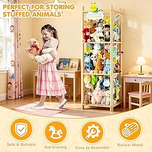 Hsenowi Stuffed Animal Storage Zoo Organizer Natural Pine Plushies Storage with Elastic Bands Vertical Wood Toy Holder Mesh Net Space Saving Design for Playroom Nursery Kids Bedroom