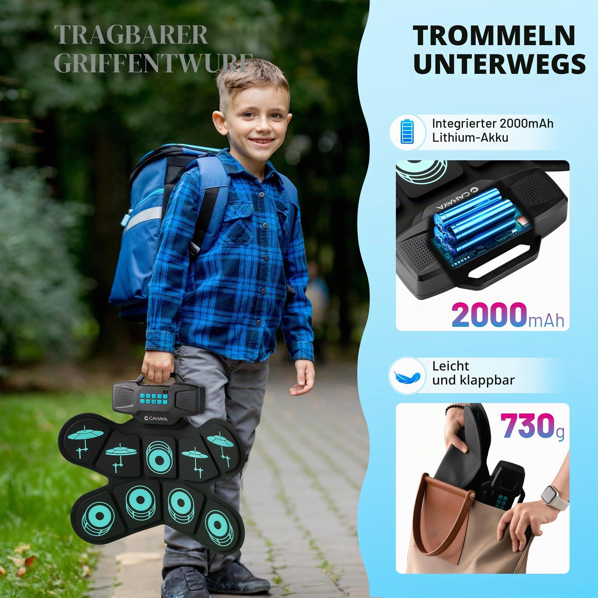CAHAYA Elektronisches Schlagzeug für Kinder mit MIDI & Handgriff: Aufrollbar E-Drum-Set 9-Pads für Kinder Mit 2 Pedal, Stereo-Lautsprecher, Kopfhörerausgang, 10h Akkulaufzeit - CY00387-1