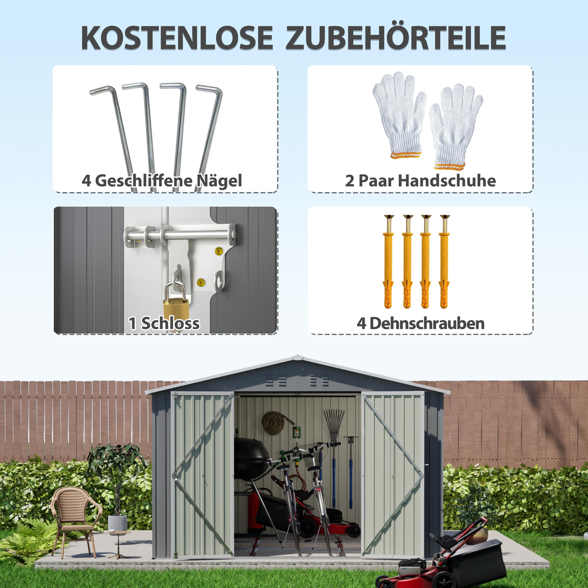 Metall Gerätehaus 300x300 cm Anthrazit, abschließbarer Gartenschuppen mit Bodenrahmen, wetterfester Stahl Geräteschuppen, Fahrradgarage