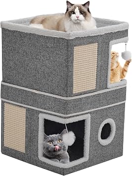 Cat House for Indoor Cats Cube Condo, 3 Tier Stackable Cat Cave Beds & Furniture with Scratch Pad and Peephole, Modern Cat Condo for Multi Small Medium Pet Kitten Puppy