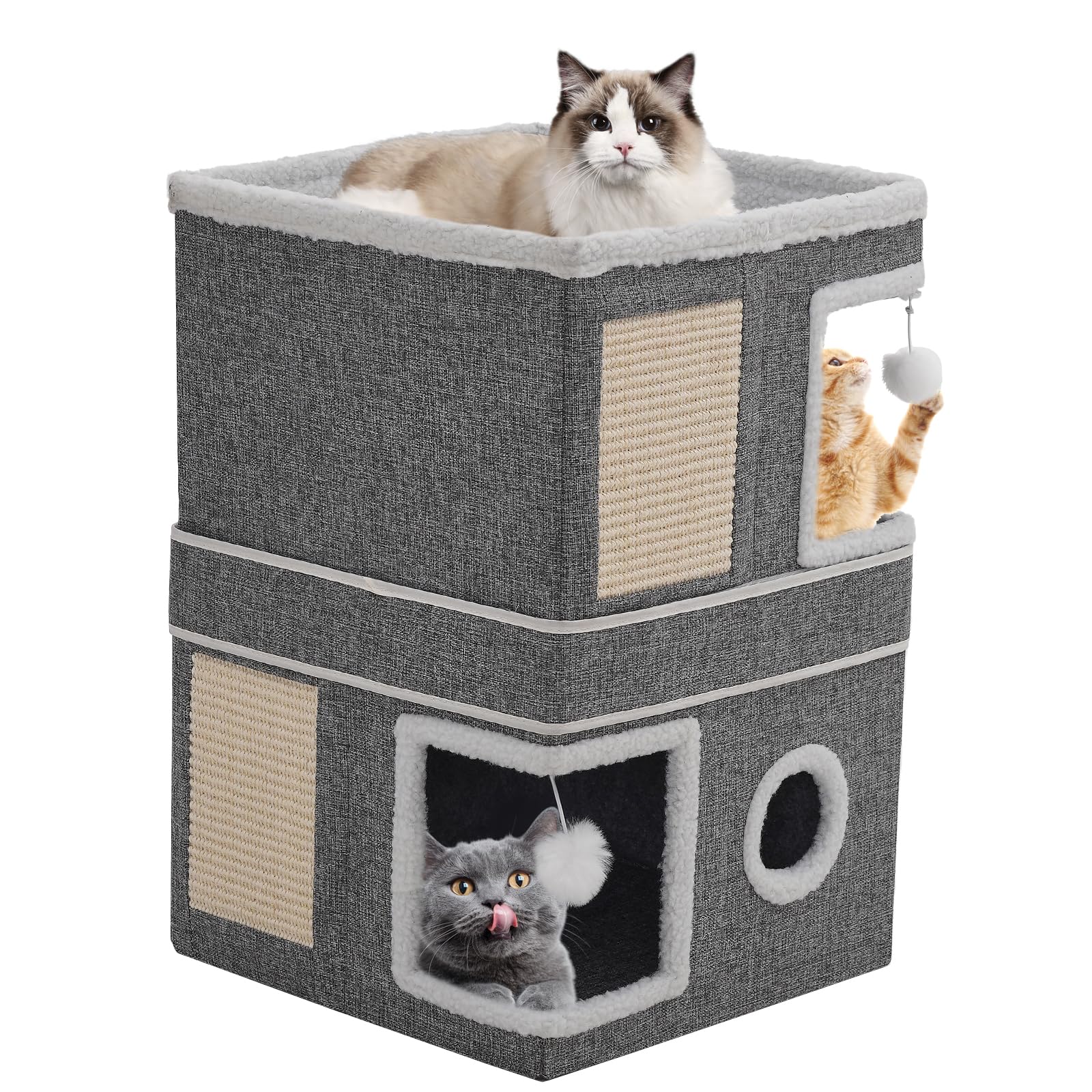 Cat House for Indoor Cats Cube Condo, 3 Tier Stackable Cat Cave Beds & Furniture with Scratch Pad and Peephole, Modern Cat Condo for Multi Small Medium Pet Kitten Puppy