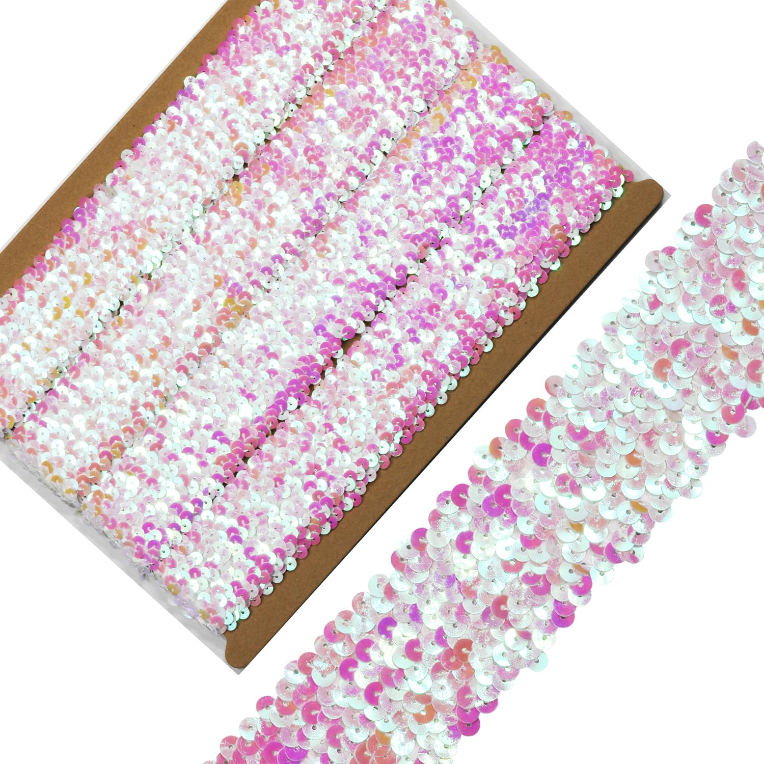VOOMOLOVE Length 5Yards,Wide 1.9 Inch White Elastic Sequin Ribbon Trim for Sewing Dress Dance Costumes Headband (White/AB) — image 1