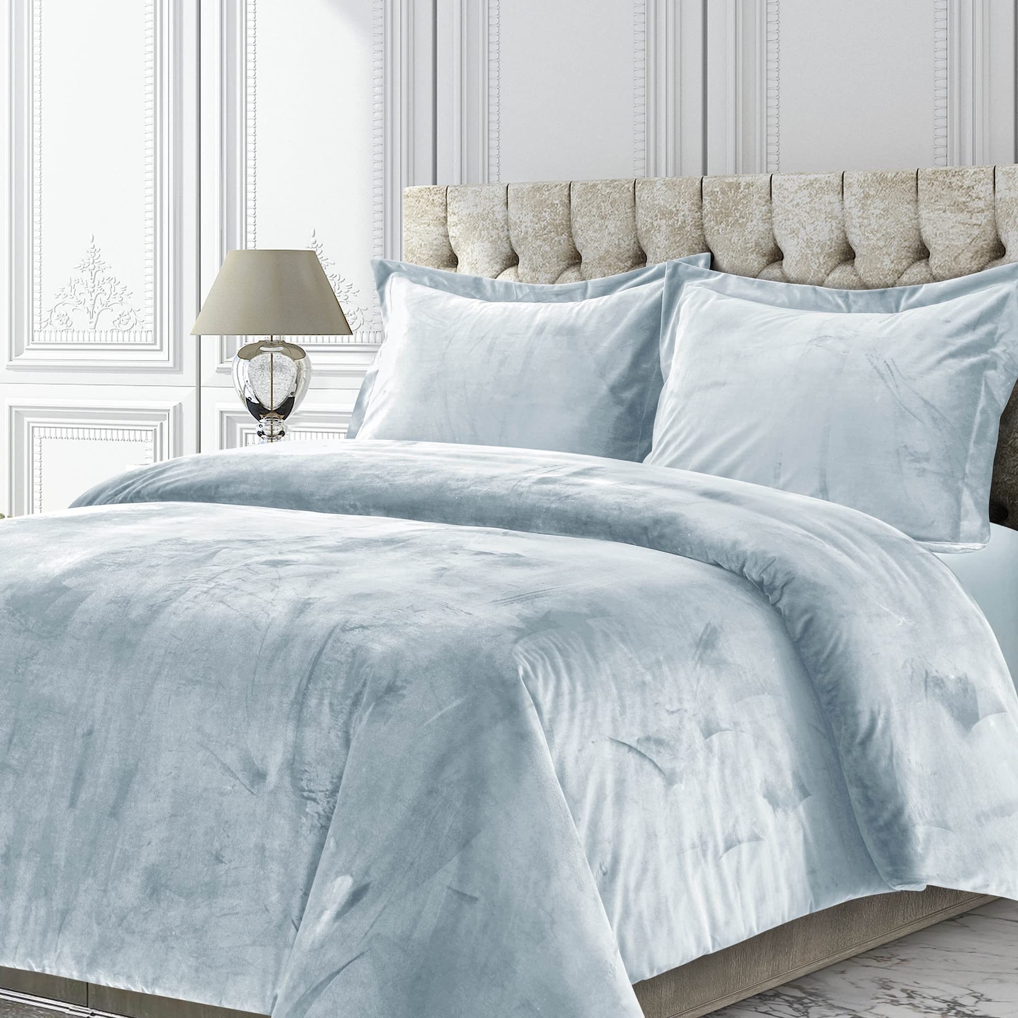 Tribeca Living VENICEDUVET Venice Velvet Oversized Solid Duvet Set, King, Haze Blue