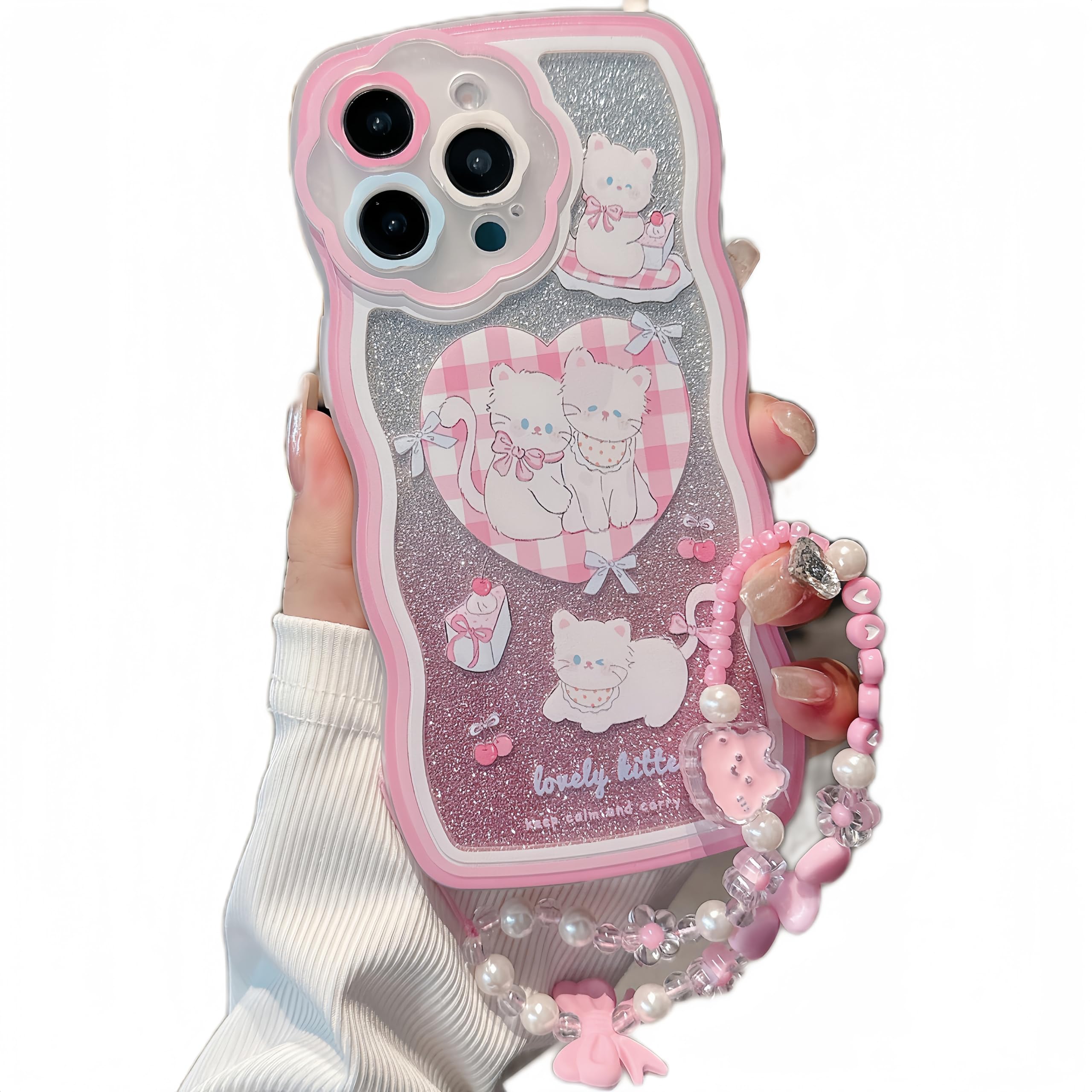 XAMMUE Compatible with iPhone 14 case,Cute Wavy Edge Shell,Kawaii Kitty cat Love Heart,Bow Cherry,Cake Pattern with Cute Bracelet,eco-Friendly and