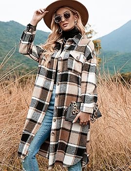Peaceglad Women's Lounge Lapel Button Up Long Sleeve Plaid