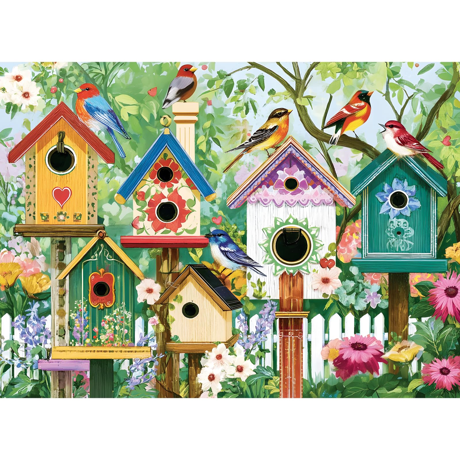 Colorful Birdhouses & Vibrant Birds 500 Piece Jigsaw Puzzle, Family Game | Blooming flowers, home wall decor, great gift for adults and seniors, 20.5 x 15 in