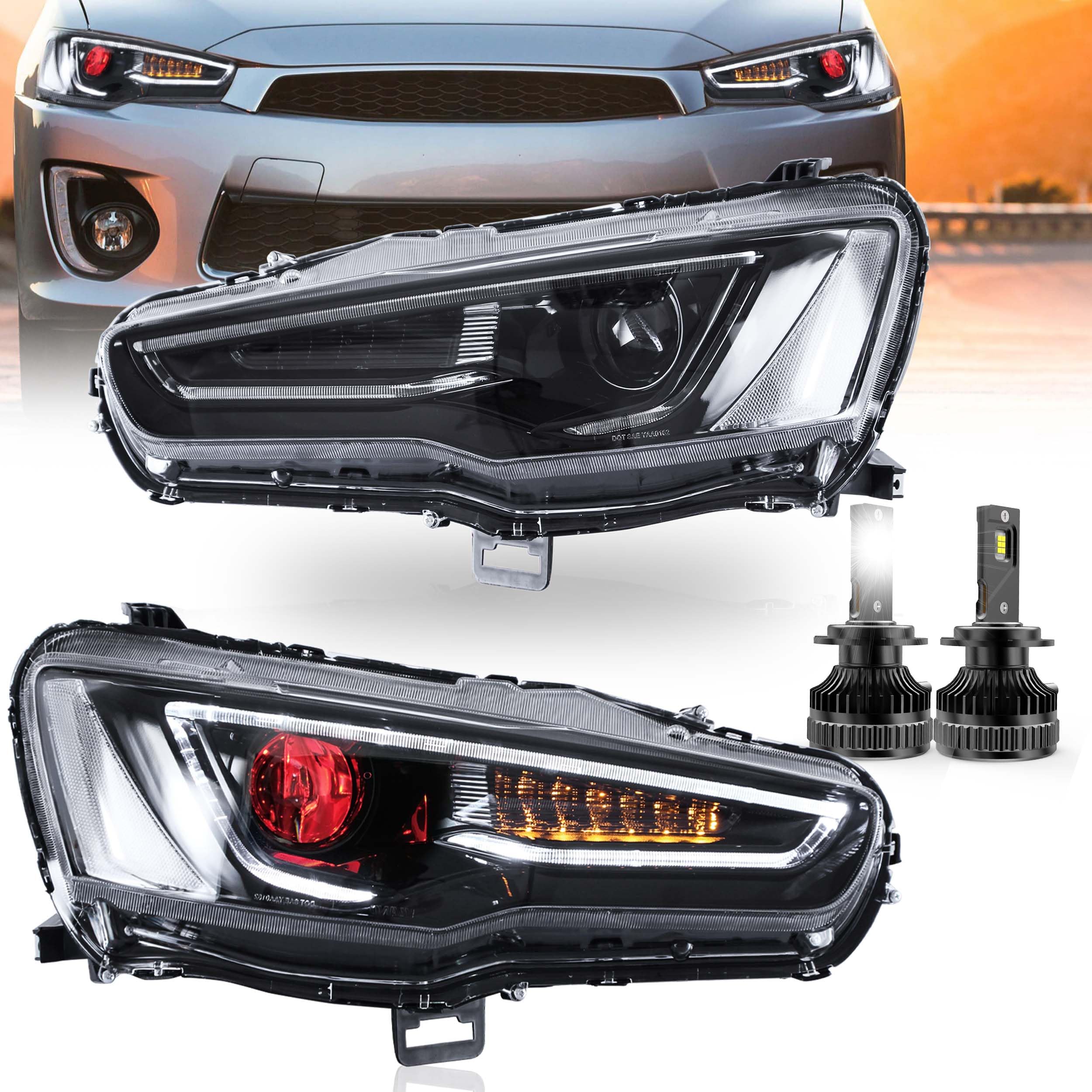 VLAND Headlights Assembly with D2S Bulbs Fit for Mitsubishi Lancer& EVO X 2008-2020 W/DRL, LED Front light with Sequential Turn Signal, Plug-n-Play Headlamp with Demon Eyes, Black Housing