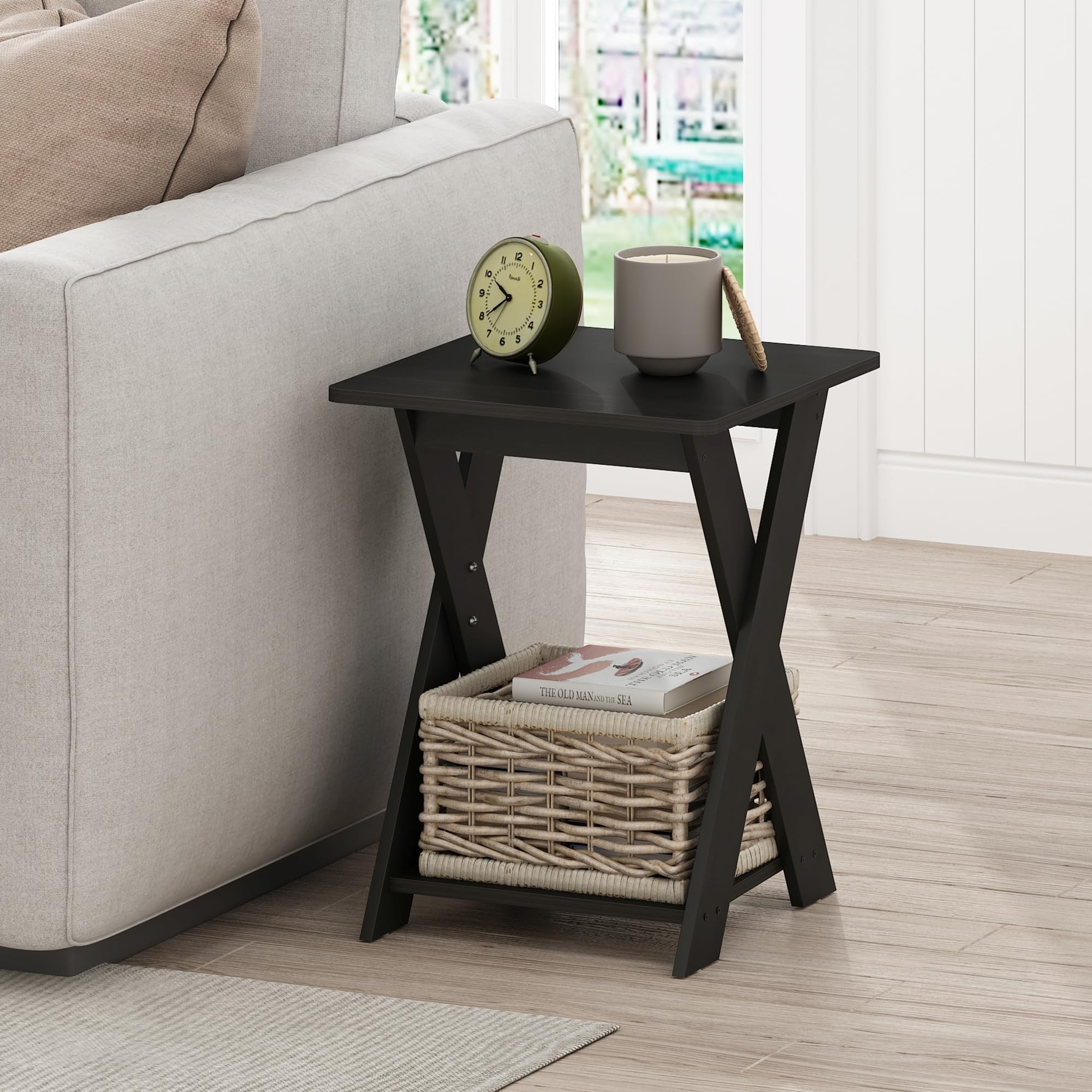 Furinno Modern Side Table X-Legs End Table with Open Shelf Criss-Crossed Night Stand Bedside Table Easy Assembly for