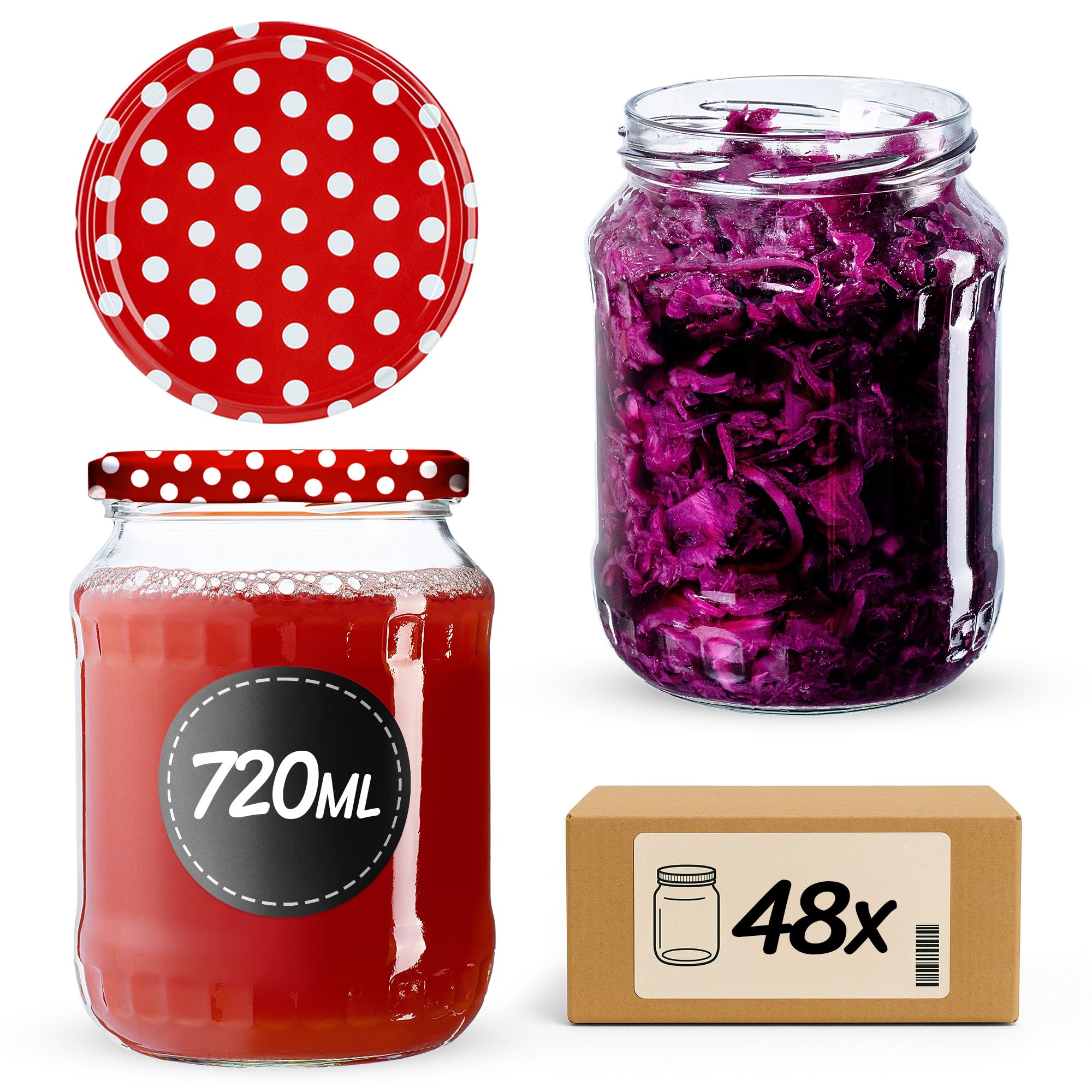 KADAX Lot de 48 Grands bocaux en Verre 720ml Ø82 à Pois Rouges – Couvercle Twist-Off hermétique TO82 – pour conserves, cornichons, légumes fermentés & confitures Maison