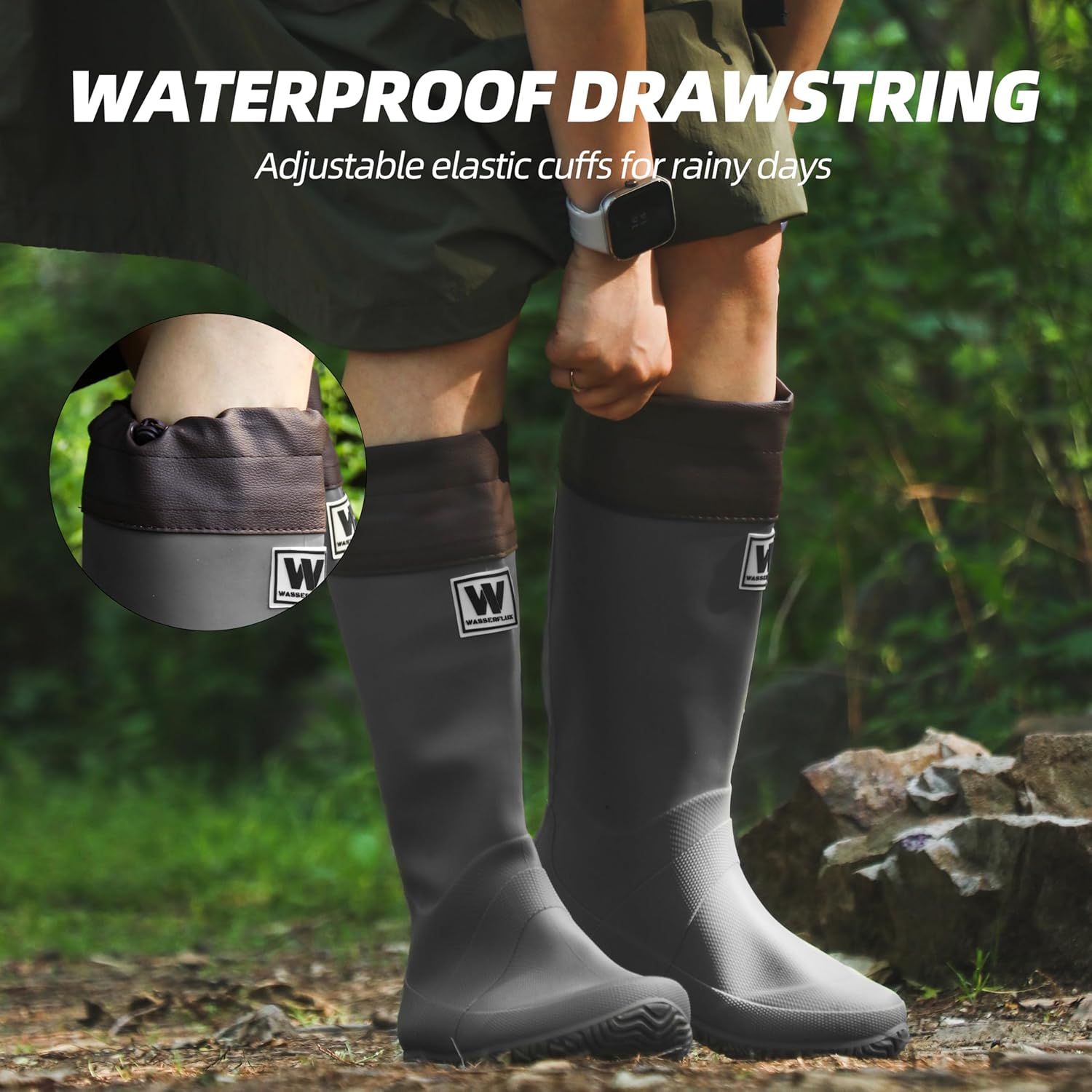 Women’s Waterproof Mid-Calf Rain Boots, Lightweight Foldable Rubber Boots with Quiet-Step Anti-Slip Sole, Adjustable Drawstring Cuff, Japanese-Inspired Style for Gardening, Birdwatching & Outdoor Work