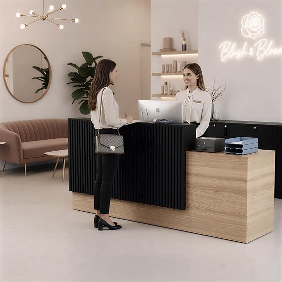 Large Modern Reception Desk with Storage Cabinet and Hutch for 2 Person, Professional Front Desk Counter for Lobby, Salon, and Office, Wood & Black Finish (84-Inch)