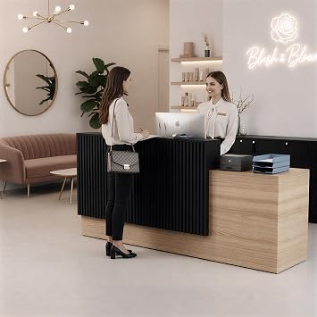 Large Modern Reception Desk with Storage Cabinet and Hutch for 2 Person, Professional Front Desk Counter for Lobby, Salon, and Office, Wood & Black Finish (84-Inch)