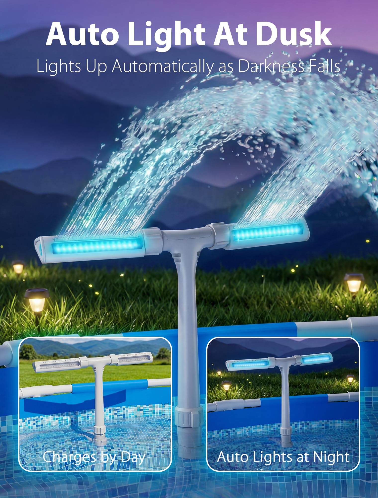 Fontaine solaire de piscine 2026 avec lumières 10 couleurs et 4 modes, arroseur cascade à double pulvérisation réglable à 360°, compatible avec les piscines au-dessus et creusées pour une relaxation