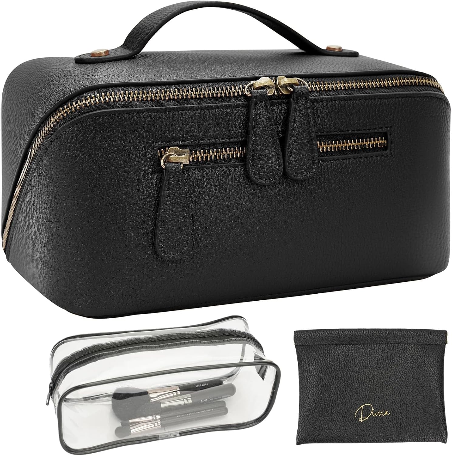 Travel Makeup Bag 3 Pcs Set, Waterproof Vegan Leather Toiletry Bag Organizer with Compartments & Handle, Cosmetic Bags for Women, Portable Travel Essentials Pouch(Upgraded black, 3L)