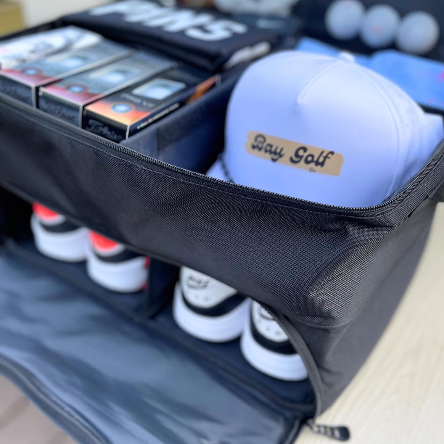 Bay Golf BG1 Golf Trunk Organizer – Water-Resistant 2-Level Golf Gear Storage for Car or SUV, Fits 2 Pairs of Shoes, Ventilated Compartments, Durable Design