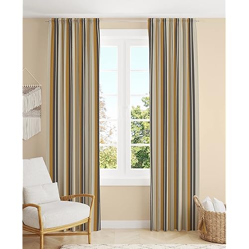 Retro Vintage Stripe Cotton Curtains 84 Inch Long - Rod Pocket Living Room Curtains - Light Filtering Modern Farmhouse Rustic Drapes for Bedroom - Set 2-60 x 84 Inch - Beige
