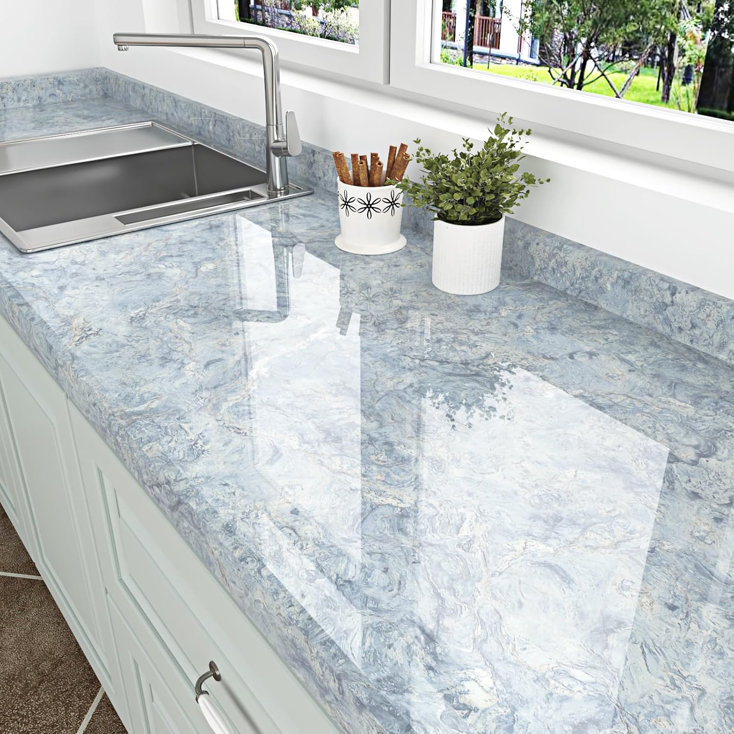 Light Blue Marble Contact Paper Peel and Stick for Kitchen Bathroom Tables Waterproof Countertop Contact Paper for Countertops Cabinets Blue Marble Wallpaper Removable Vinyl Wrap 15.7" x 78.7"