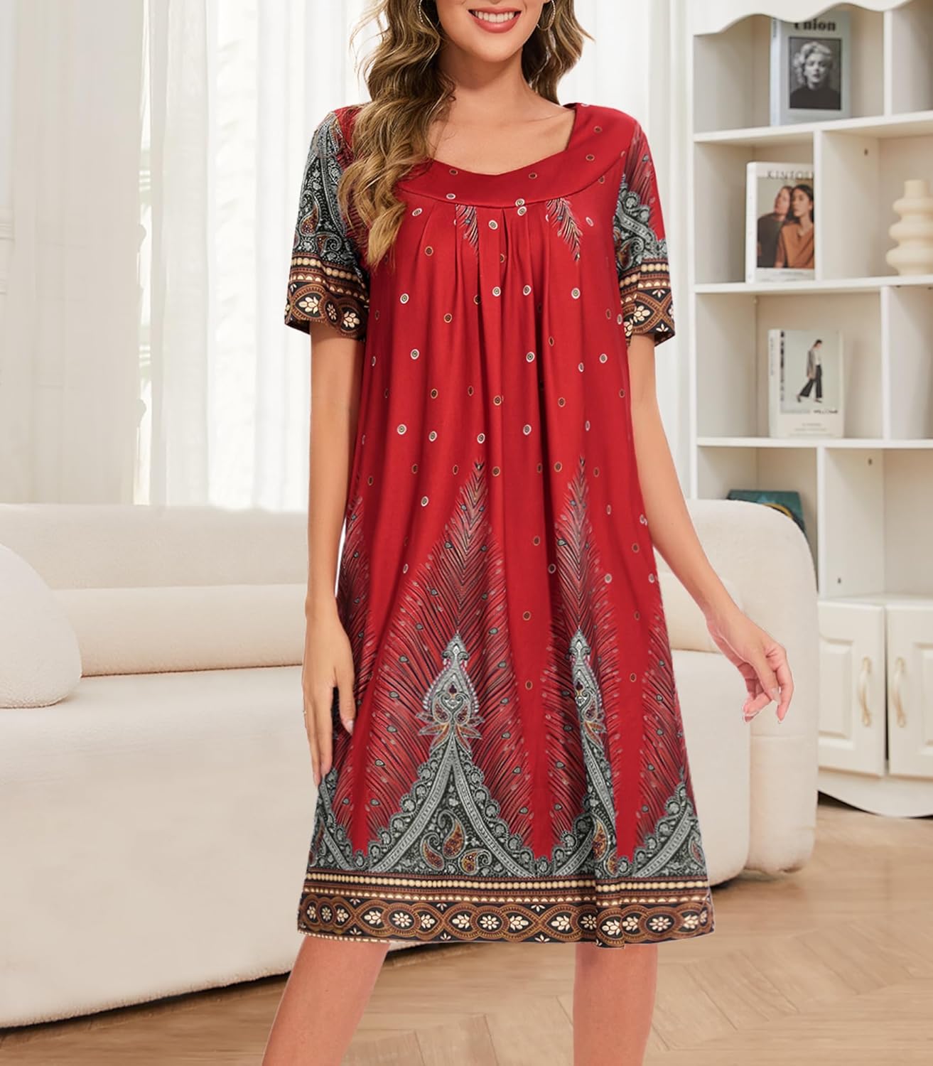 Nightgowns for Women with Pockets Short Sleeve House Dress Pleated Moo Moos Floral Print Lounge Mumu Dresses - Image 2