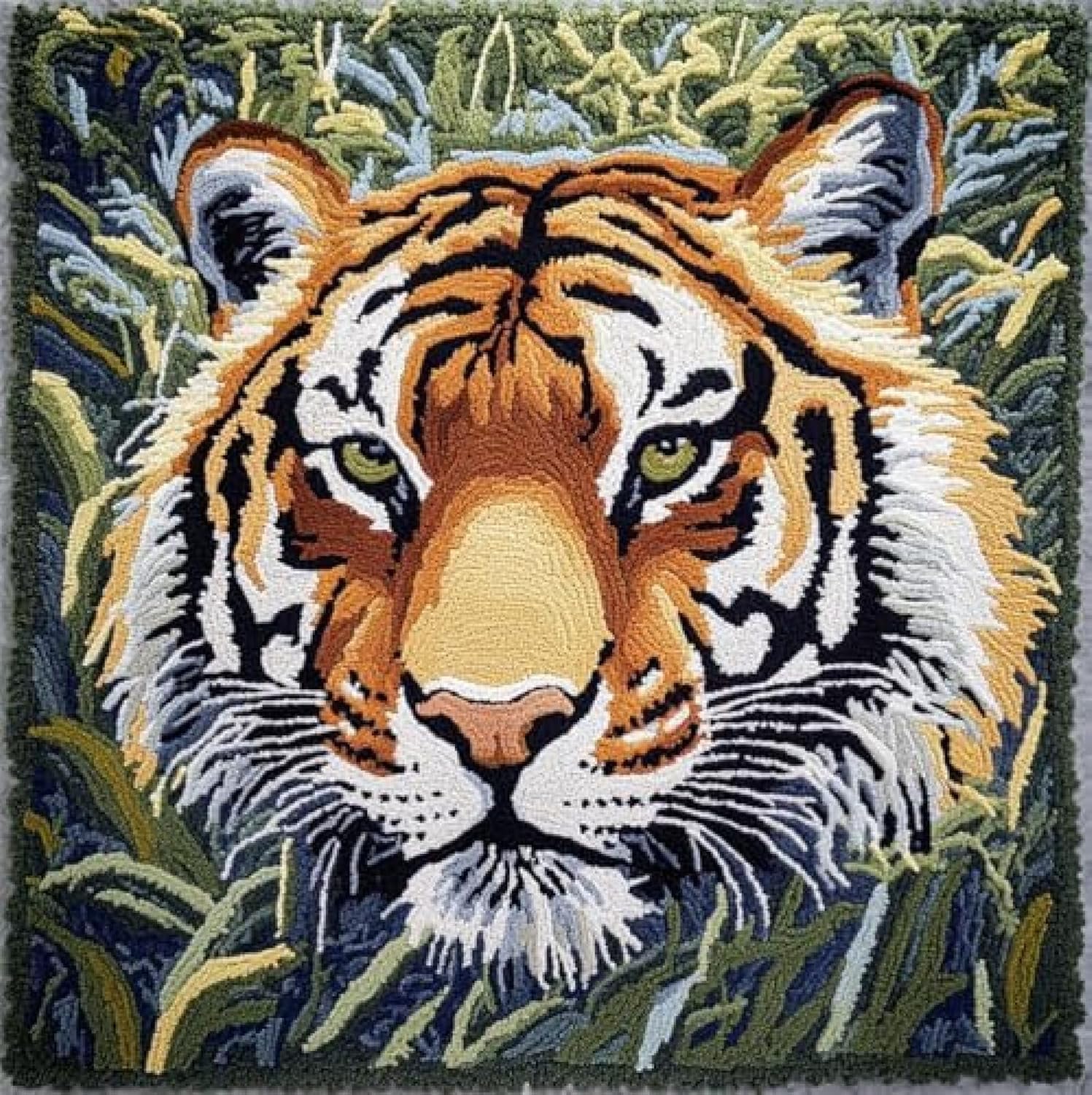 Amcdjkery Latch Hook Kits Make Your Own Pillow,Tiger On The Grass 17x17 in Pre-Printed Canvas Crochet Pillow Case Latch Hook Pillow Cover Hobby & Crafts